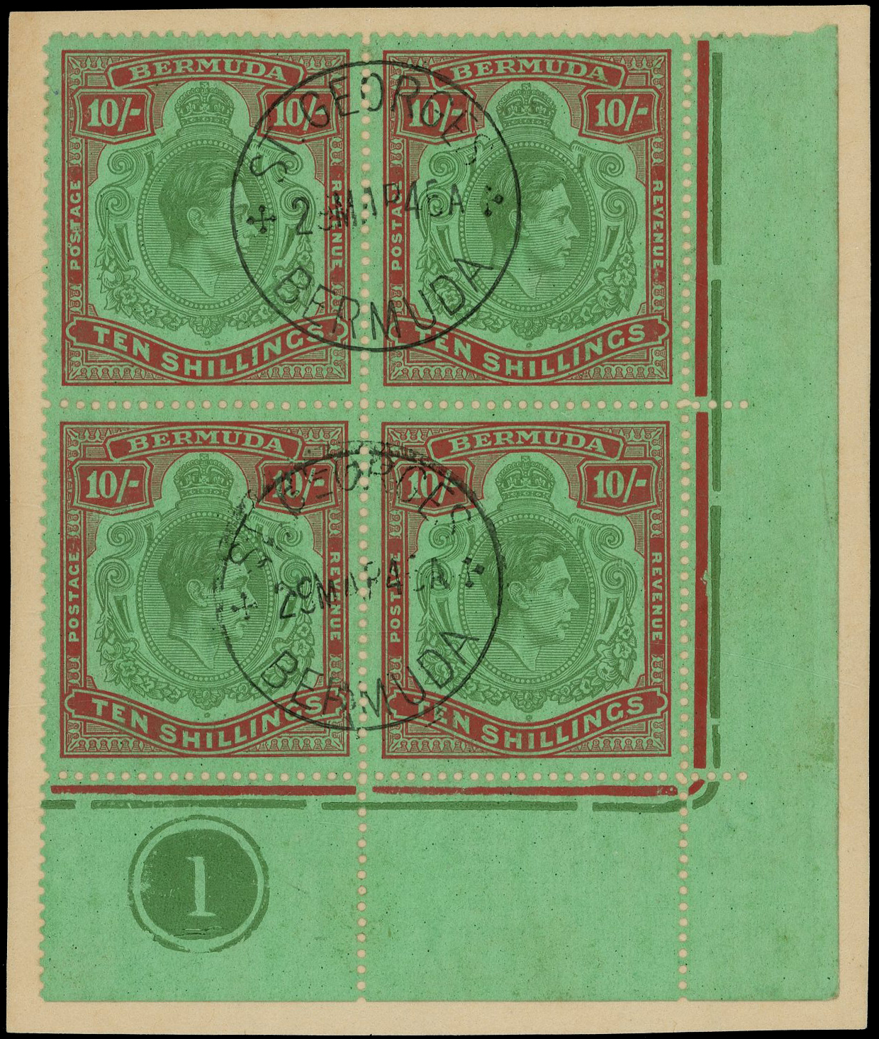 Bermuda SG 119b, bd, be Plate block used