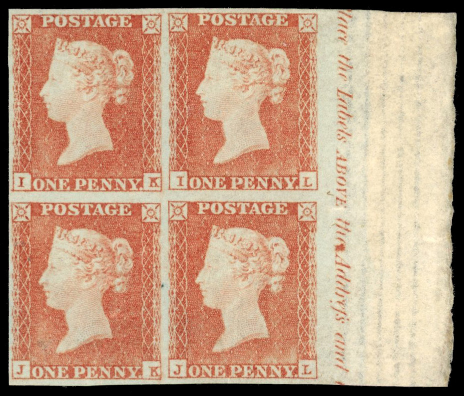SG 9 1841 1d pale red-brown Plate 92 block mint