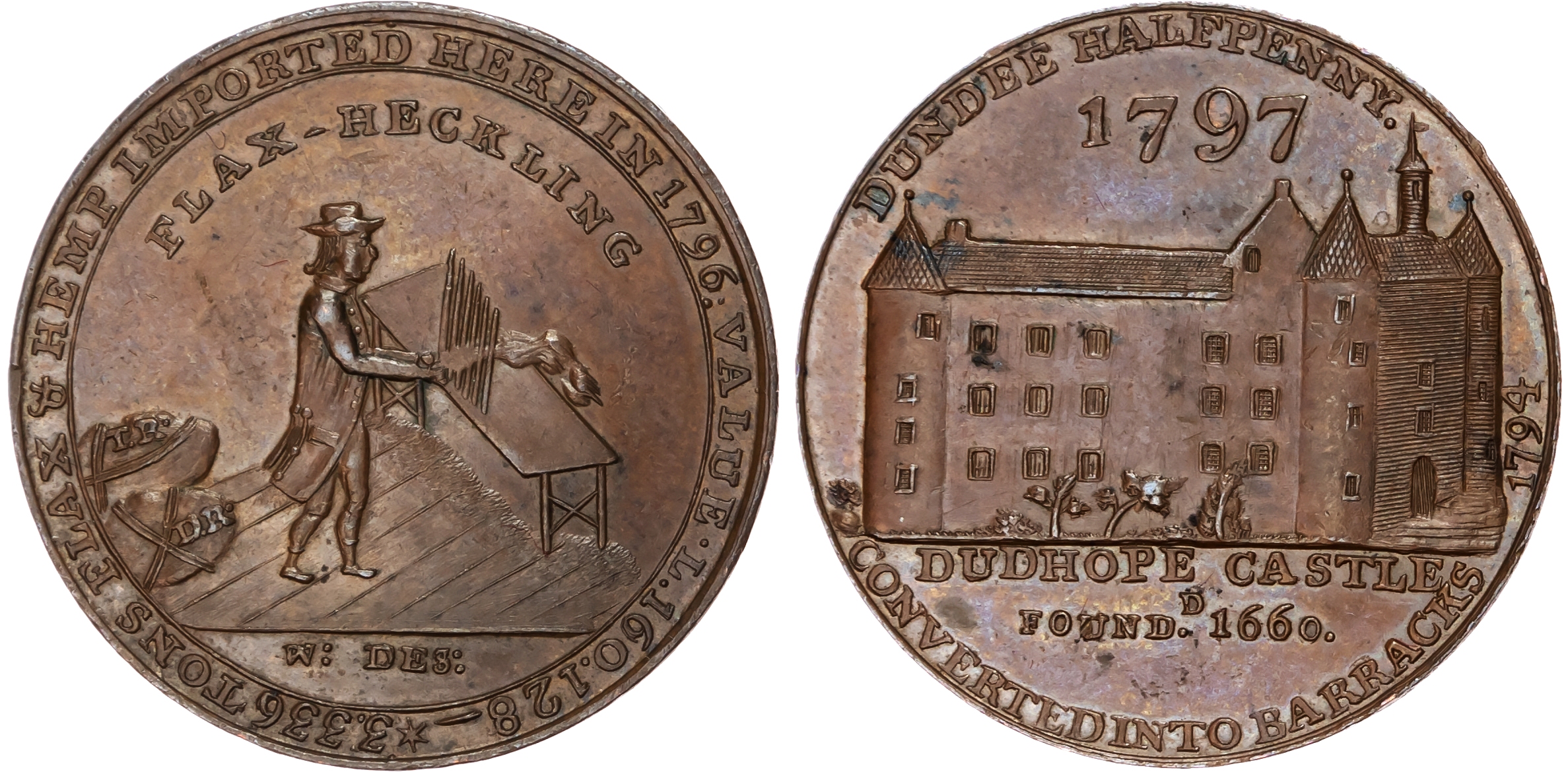 Angus. Dundee , Wright’s Halfpenny 1797, view of Dudhope castle, rev. a man heckling flax with bales behind, e…
