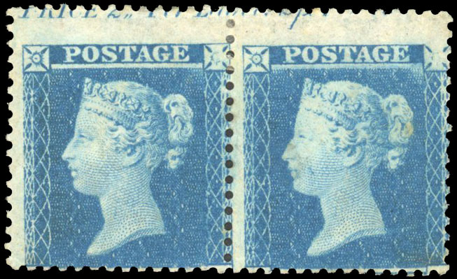 1855 2d Blue Pl.4. SG23 F2 unused small part o.g. pair