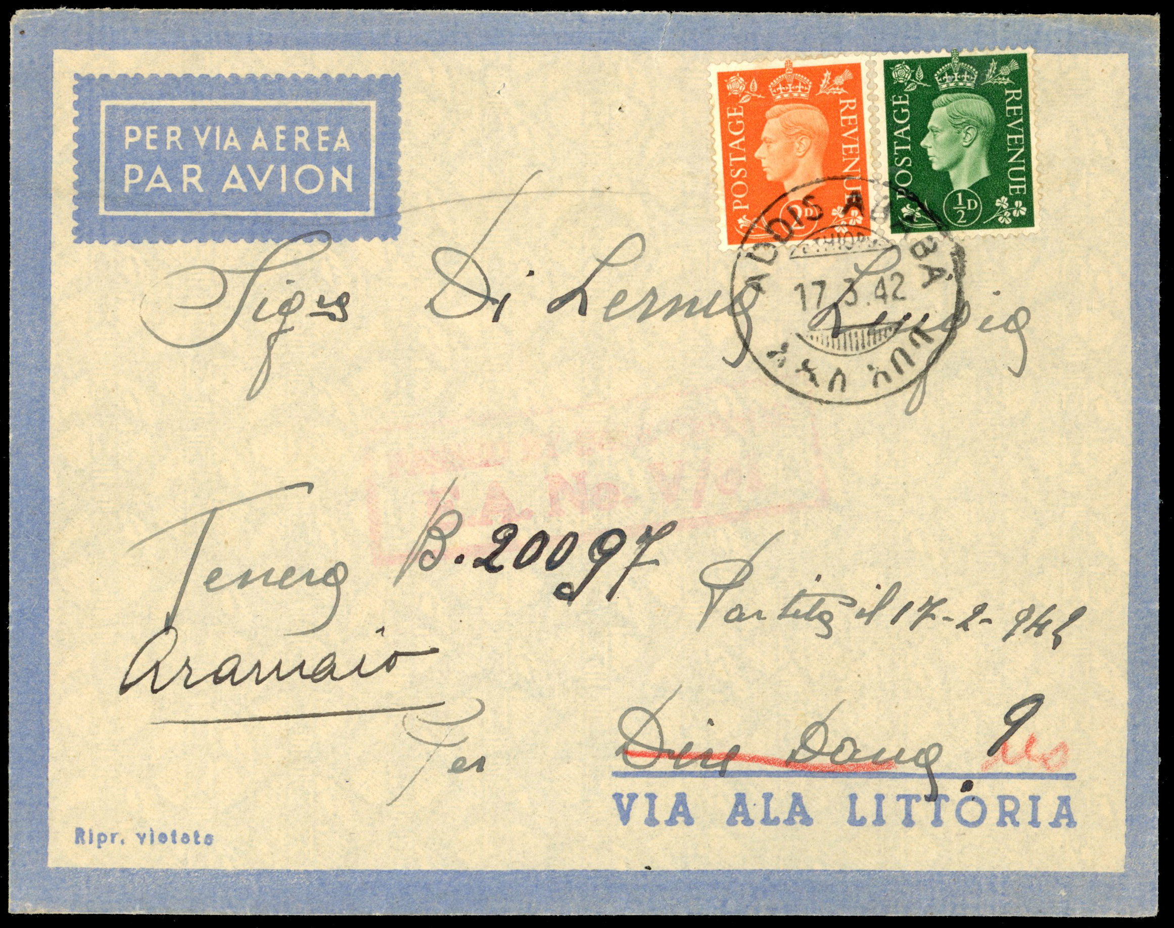 Ethiopia 1942 cover with GB stamps