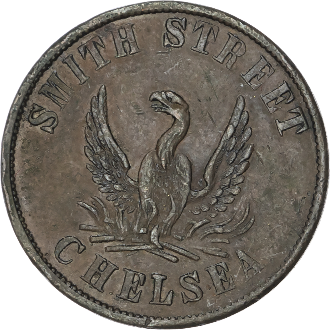 Lot of 6 coins - Lon. Chelsea, Smith St., Phoenix , 1 ½d., 2d., 3d., 28.5mm. (Taylor), EF, toned, (3); Chelsea, 14 Symons...