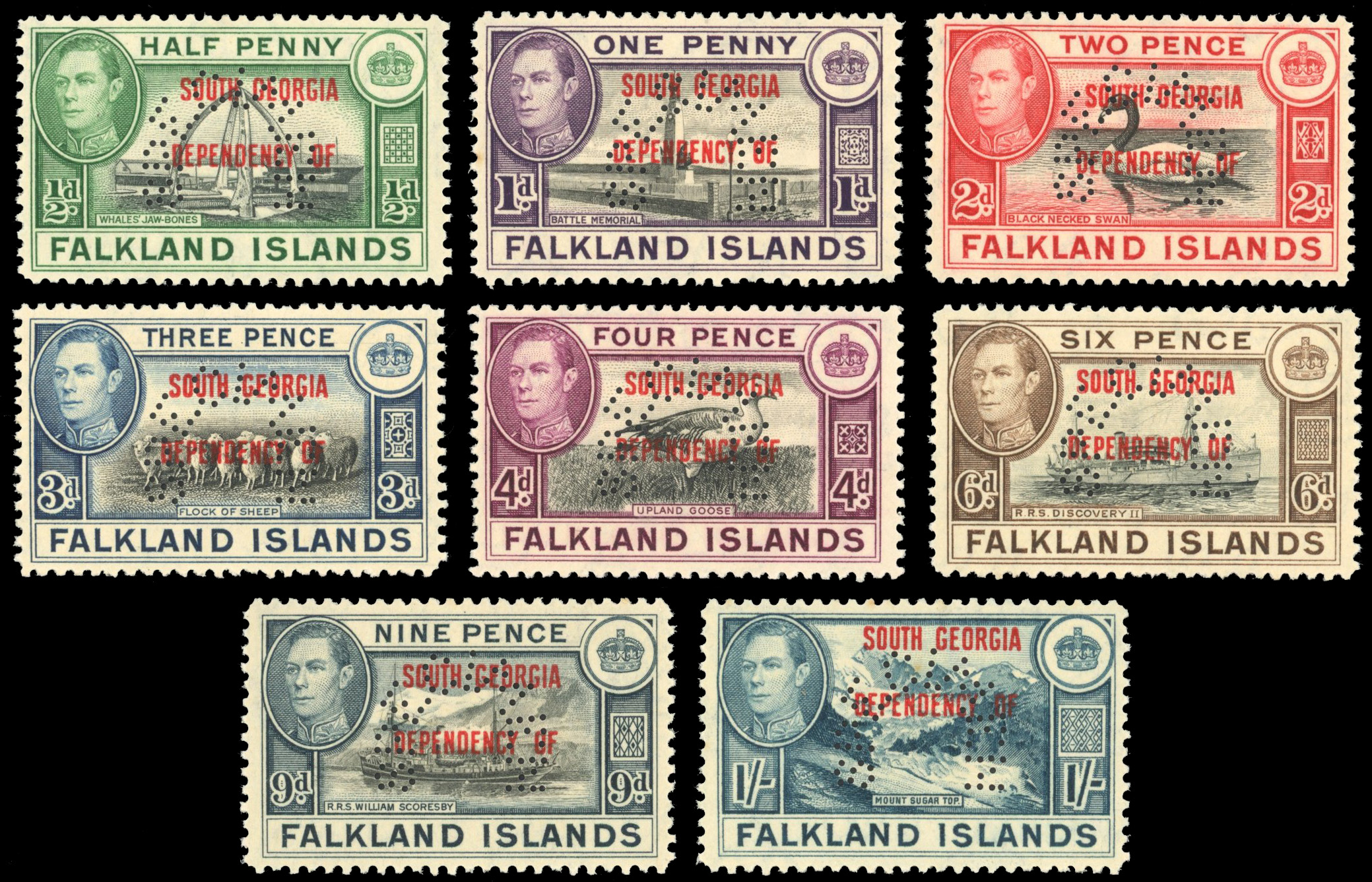 Falkland Islands Dependencies SG B1s/B8s 1944-45 South Georgia set of 8 perf specimen