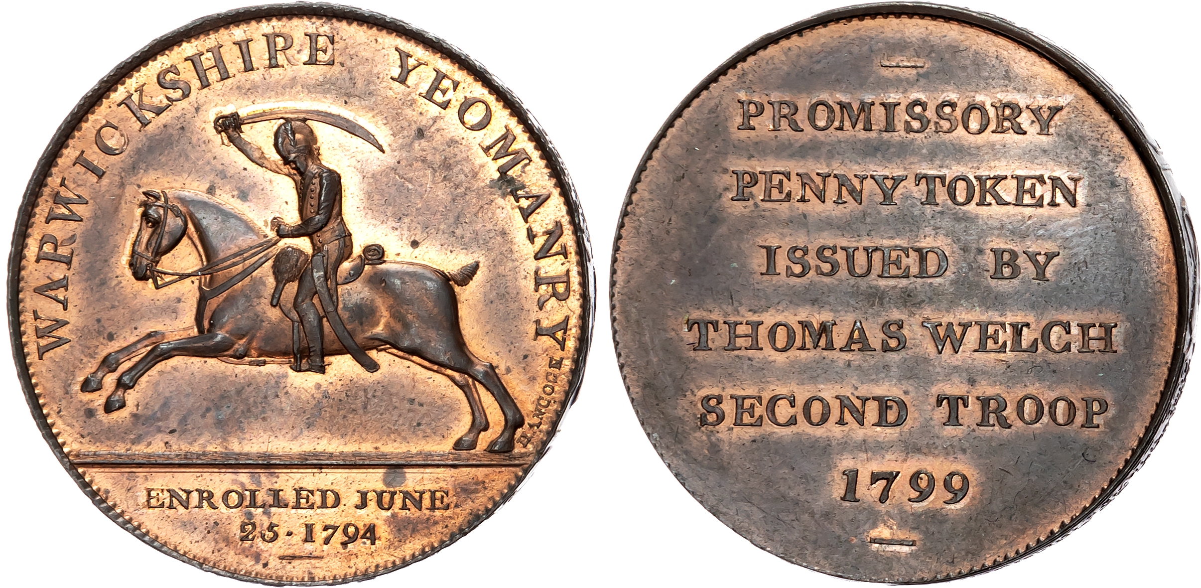 Warks. Birmingham , Thomas Welch Penny, 1799, Mounted yeoman riding left with sabre raised, WARWICKSHIRE YEOMANRY, etc, …