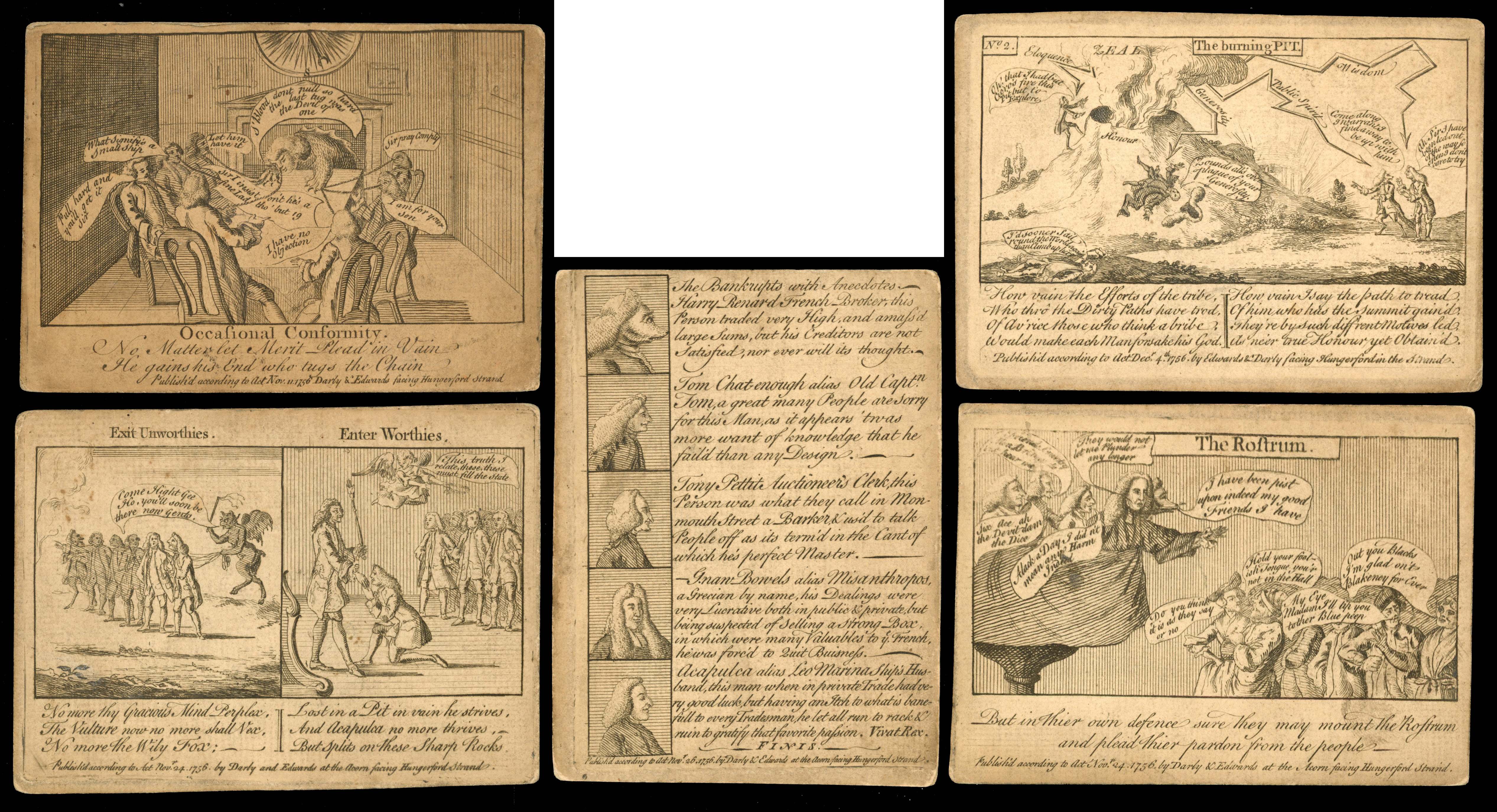 GB 1750s set of 6 cards lampooning Duke of Newcastle