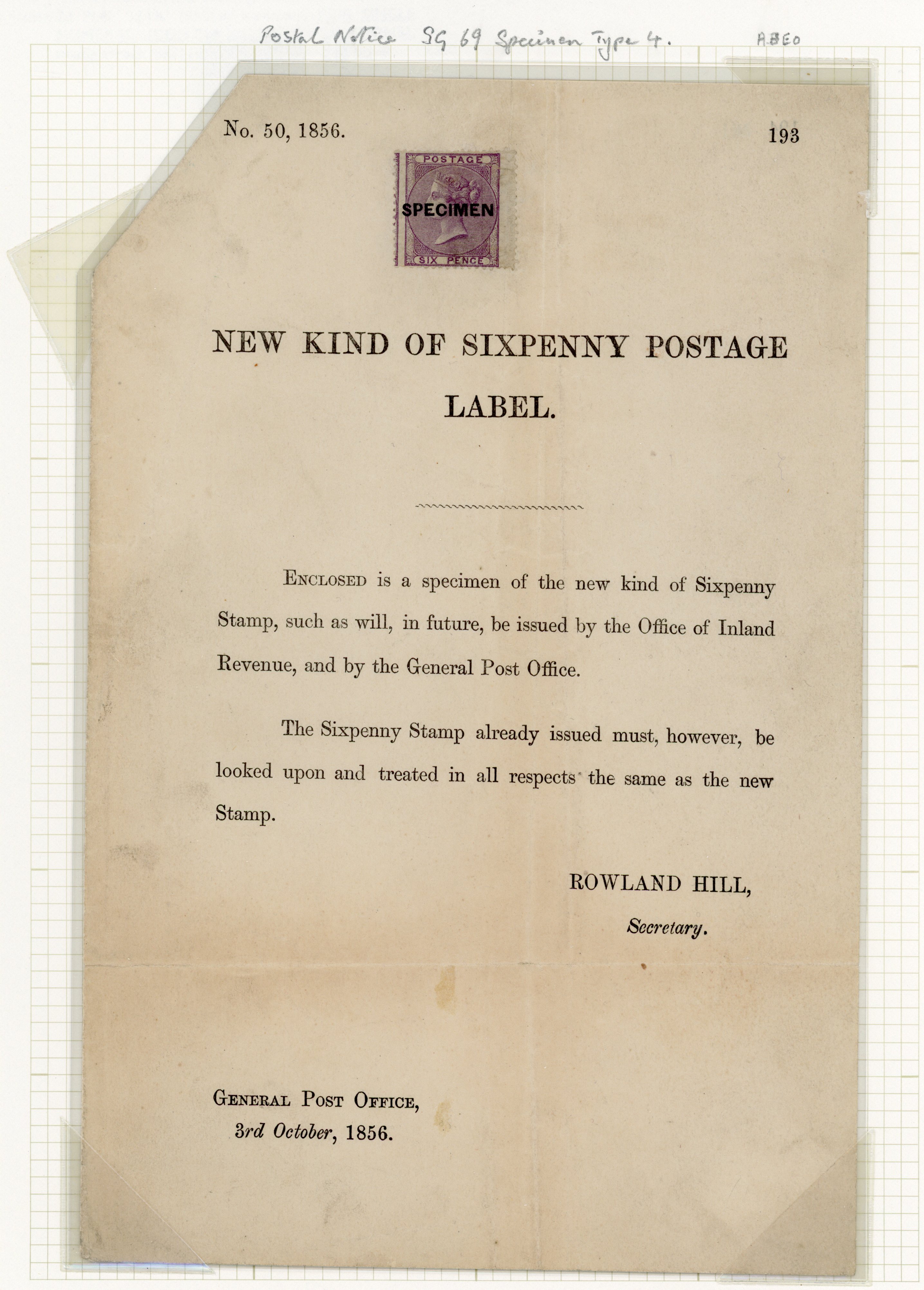 1856 (3 Oct.) Post Office Postal Notice with new 6d Emblems (SG69)