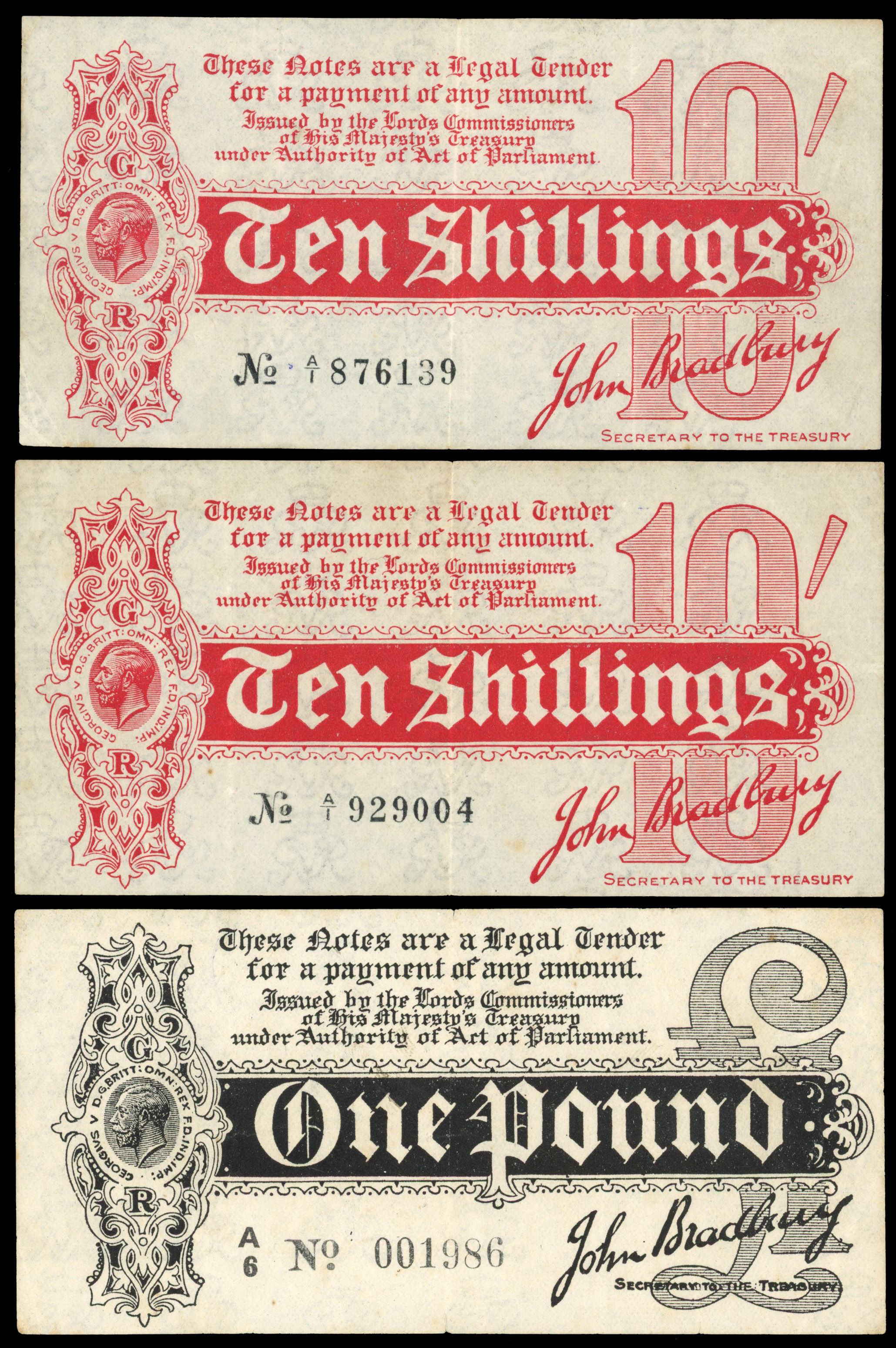 GB Banknotes: 1914 Bradbury 10s red (T9), two examples, and £1 black (T3-Type 3); all fine to very fine