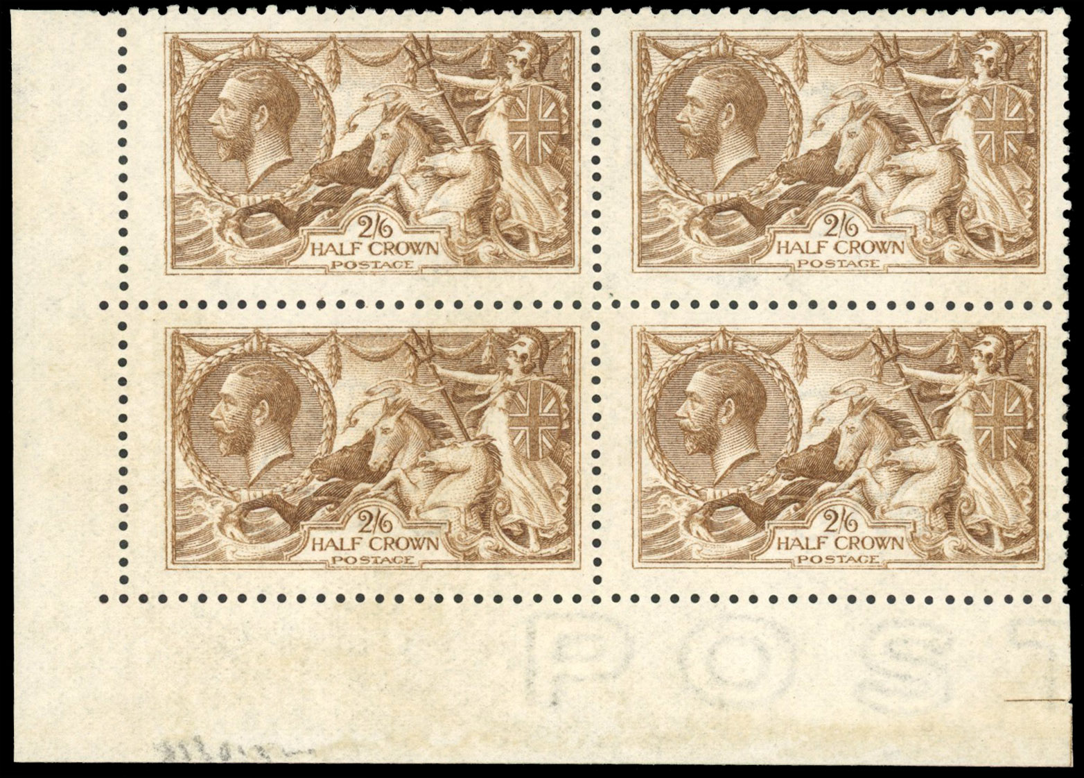 GB SG 406var 2s6d pale yellow-brown block of 4 U/M