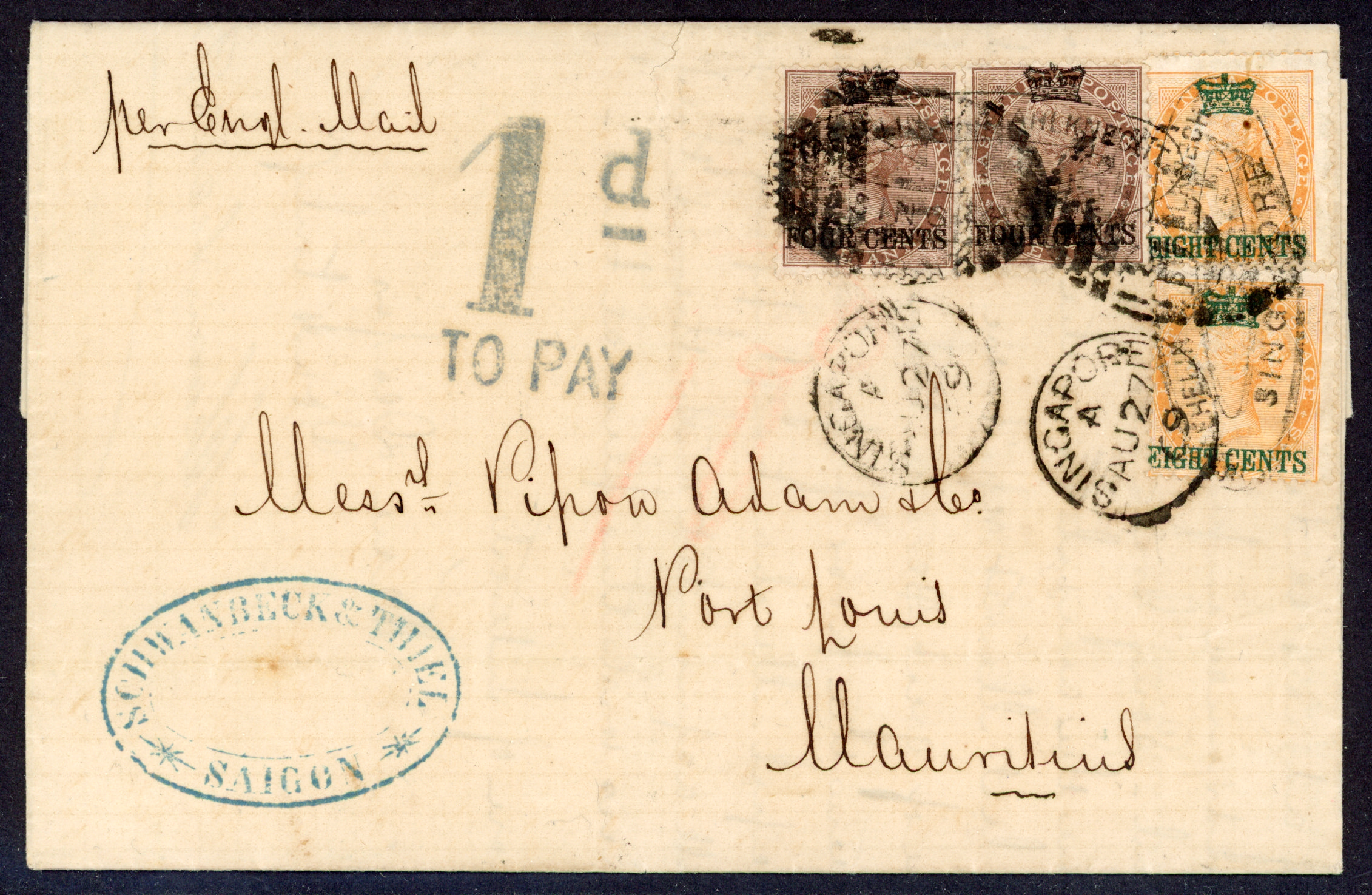 Straits Settlements SG 4, 6 1869 entire from Saigon to Mauritius via Singapore