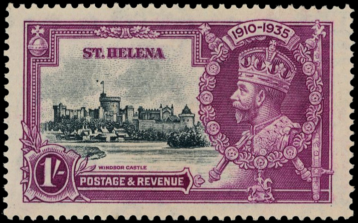 ST HELENA: 1935 1s Silver Jubilee slate and purple, R.8/4 dot by flagstaff variety fine unmounted o.g. 
