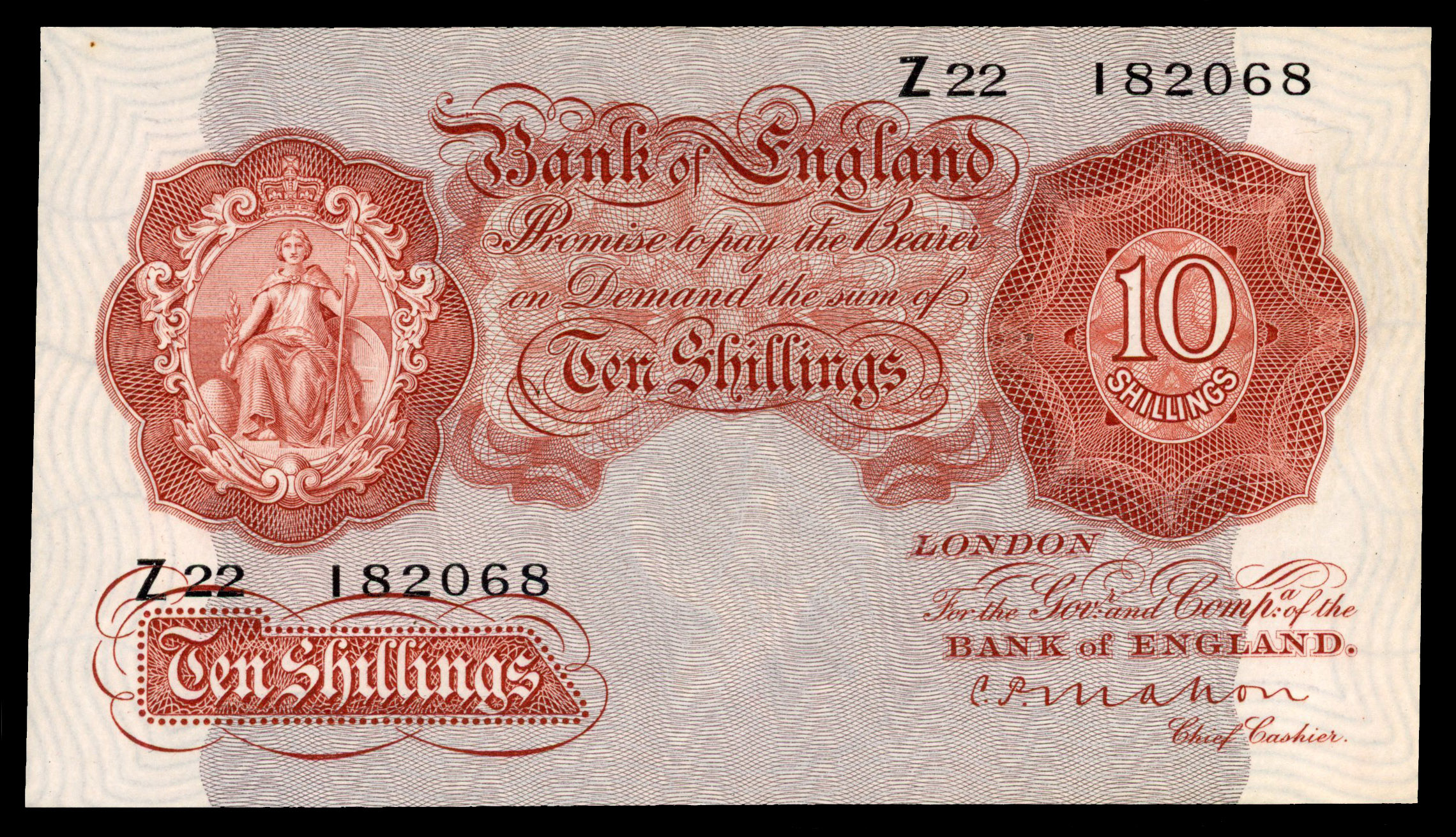 Bank of England, C.P. Mahon, Ten Shillings red 1928‑29, Z 22 182068.