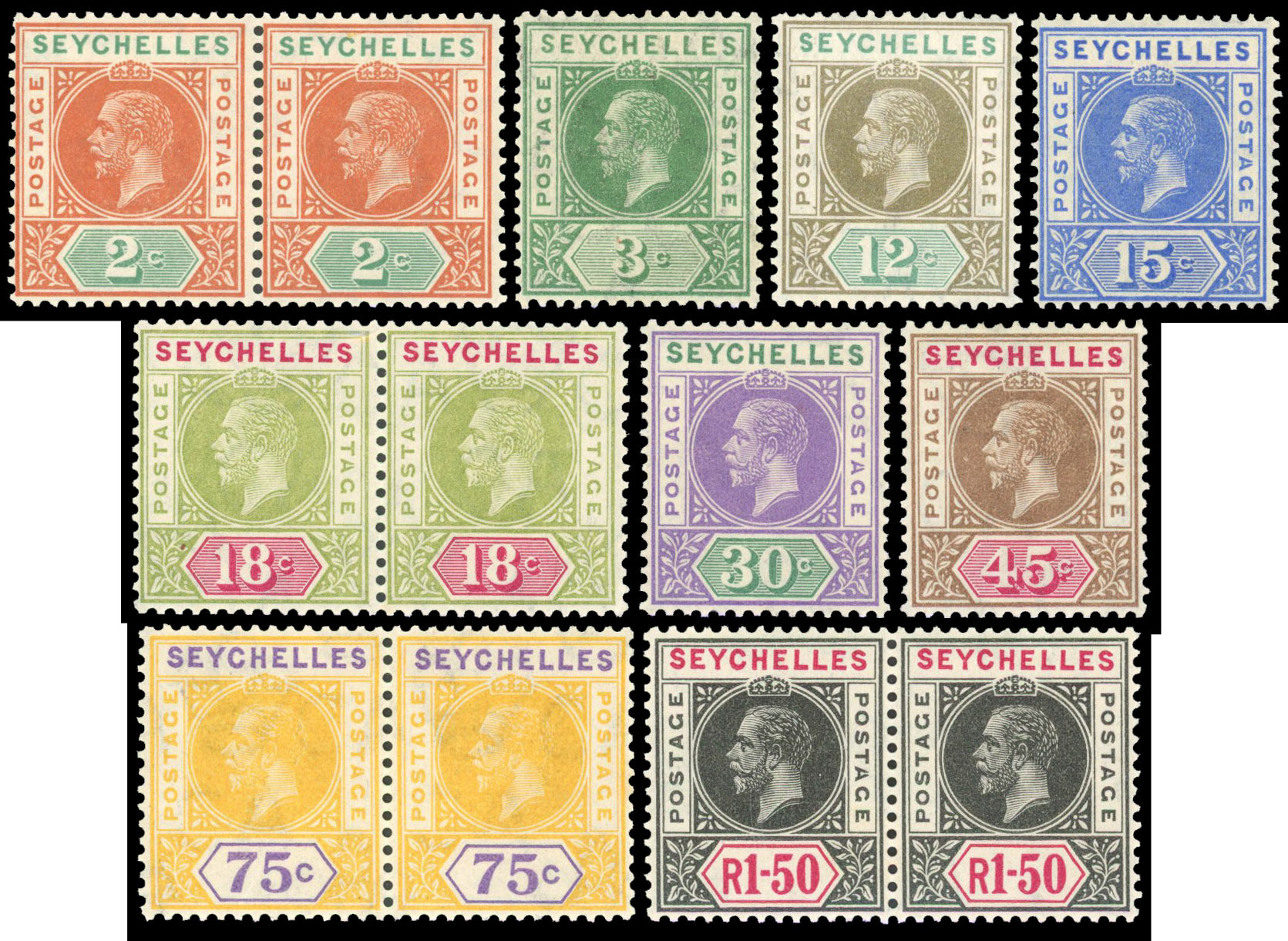 Seychelles SG 71a/80a 1912-16 set 1r50 variety Split A mint