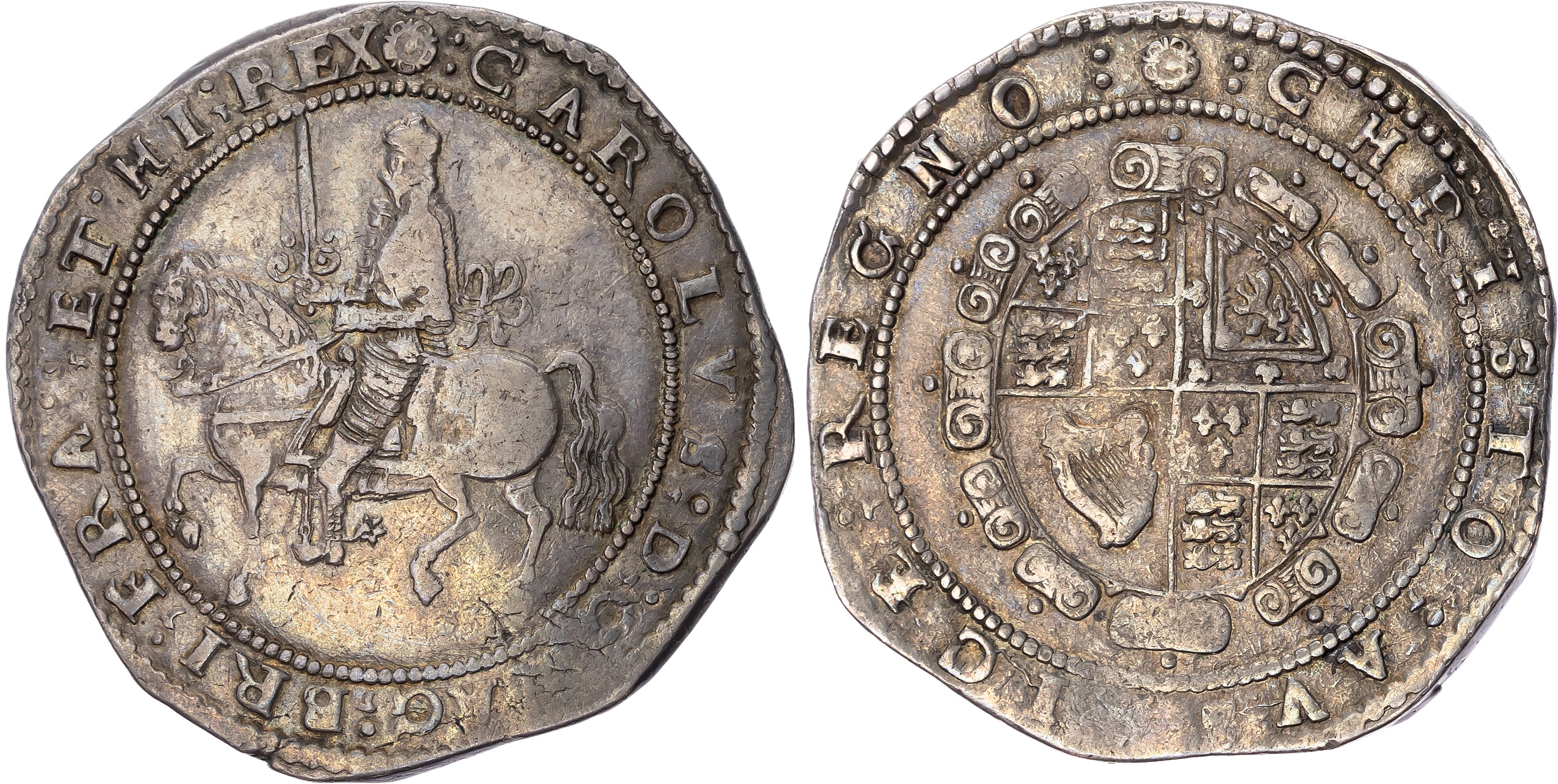 Charles I (1625-1649) Crown, Truro mint (1642-43), mintmark rose. King on horseback left, holding upright sword, sash be…