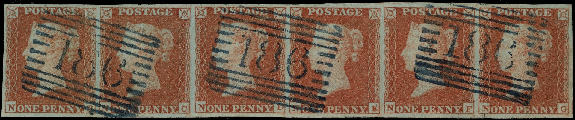 1841 1d Red-brown Pl.92. Strip six, blue Irvine numerals