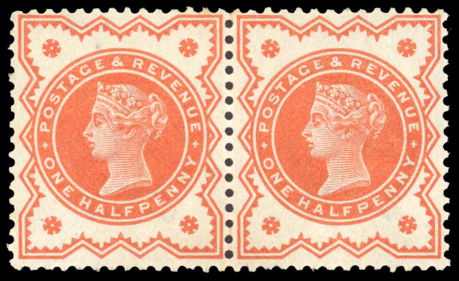 1887 ½d Vermilion "Jubilee". pair underprint in violet