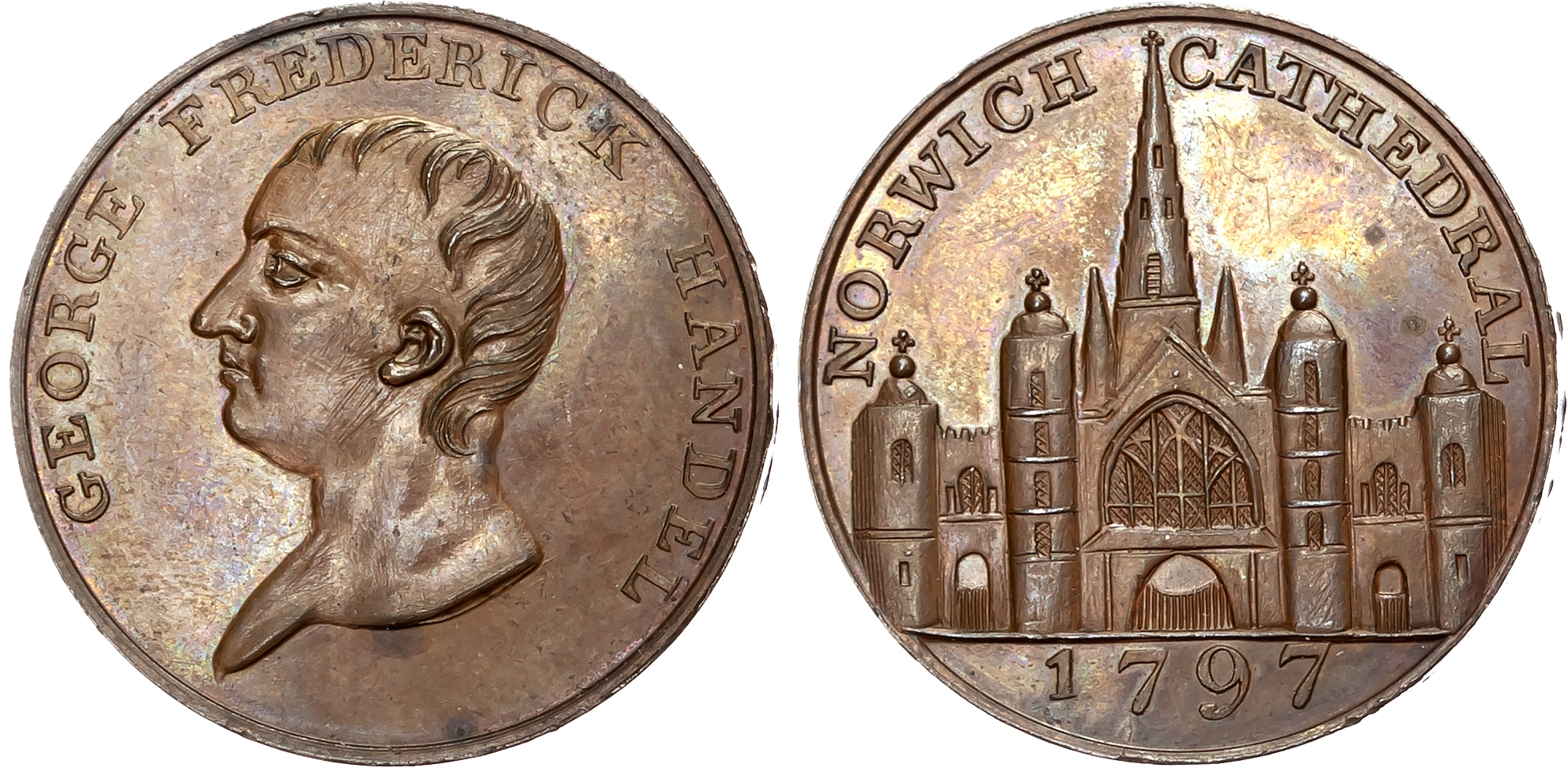 Norf. Norwich , Joseph Hardingham, (specious token by Kempson?) Halfpenny 1797, Bust left of Handel, rev. view of Norwic …