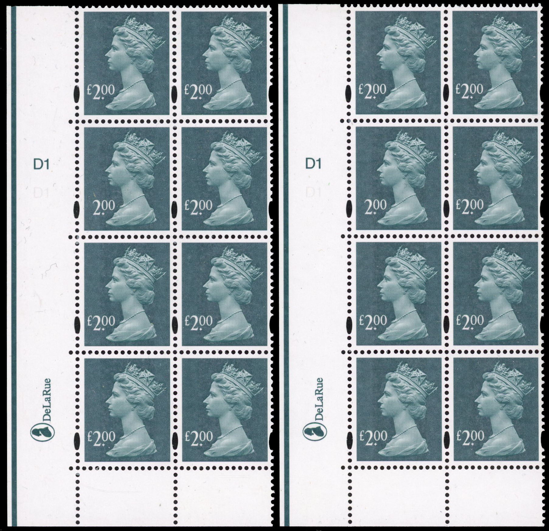 2003 £2 deep blue-green (2 bands) lower left, plate D1, marginal block of 8 (2x4) showing R.18/1 missing ‘£’ value, two exa