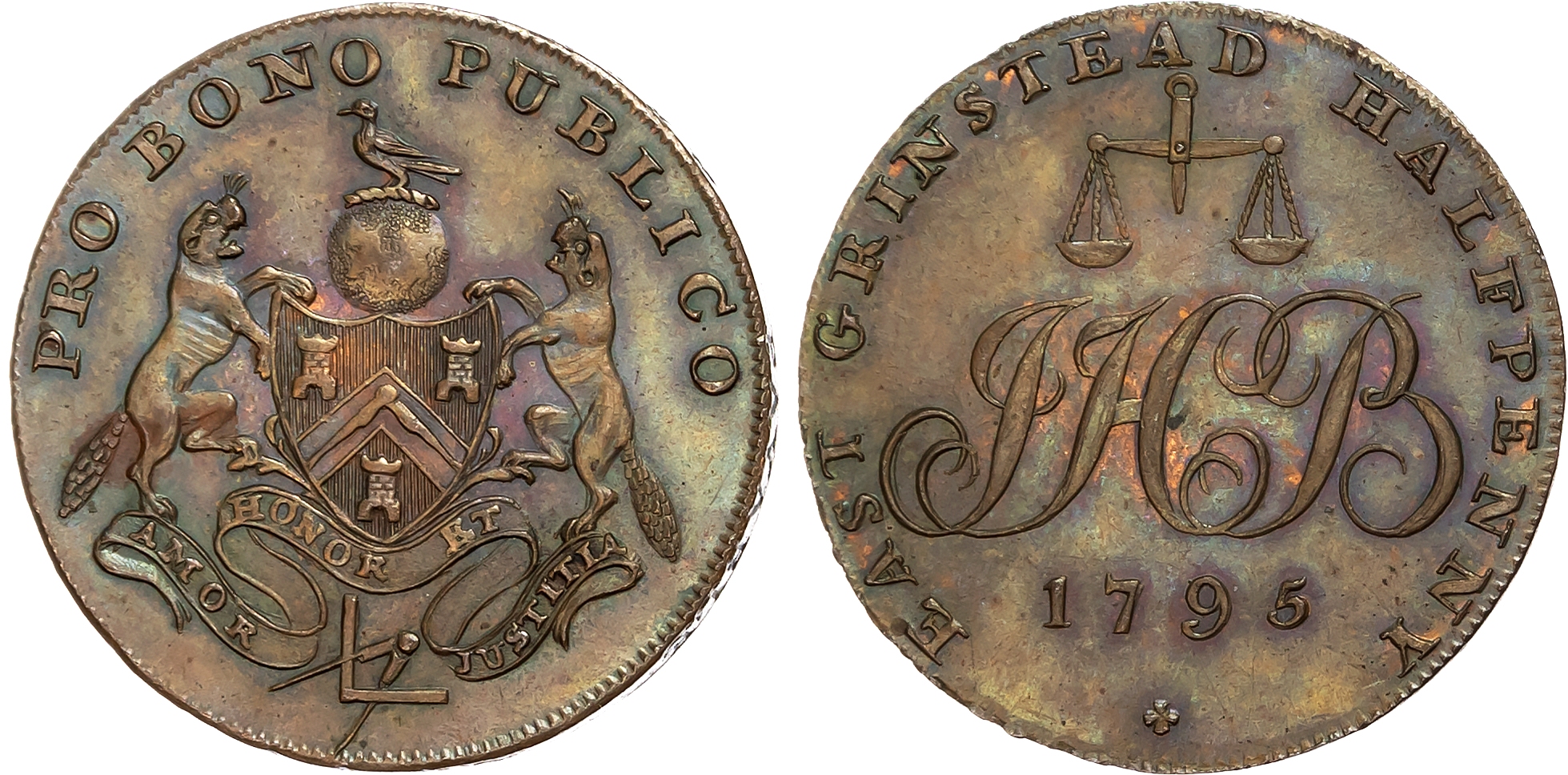Suss.  East Grinstead , Isaac Boorman (grocer & draper) Halfpenny 1795, Arms of the Freemasons, rev. scales over JHB cyp …