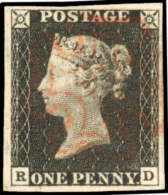 1840 1d black, plate 1A (RD), four margins, cancelled by red MC