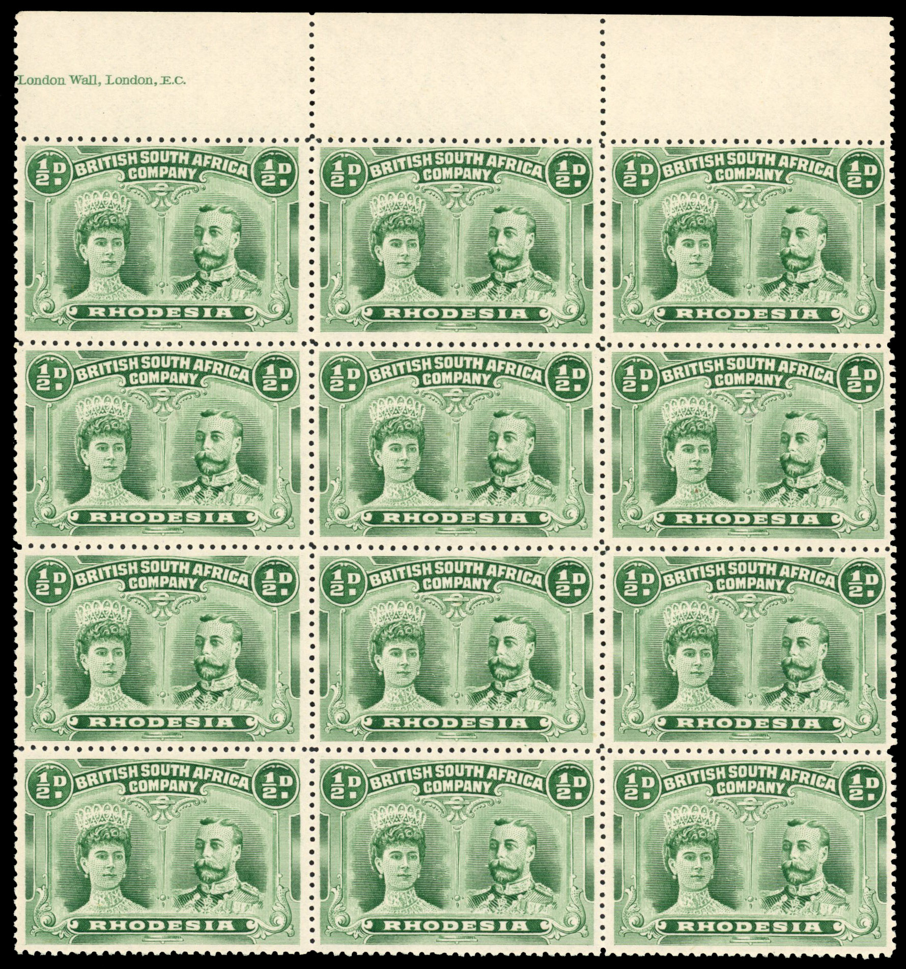 Rhodesia 1910-13 ½d bluish green perf 14 block of 12 unmounted
