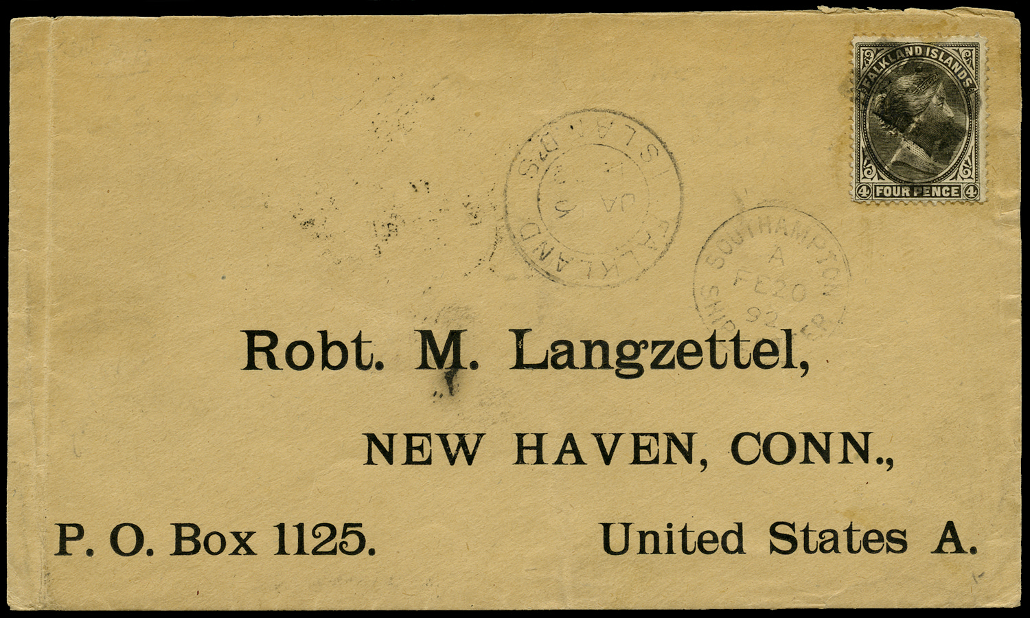 Falkland Islands 1892 Langzettel cover to USA 