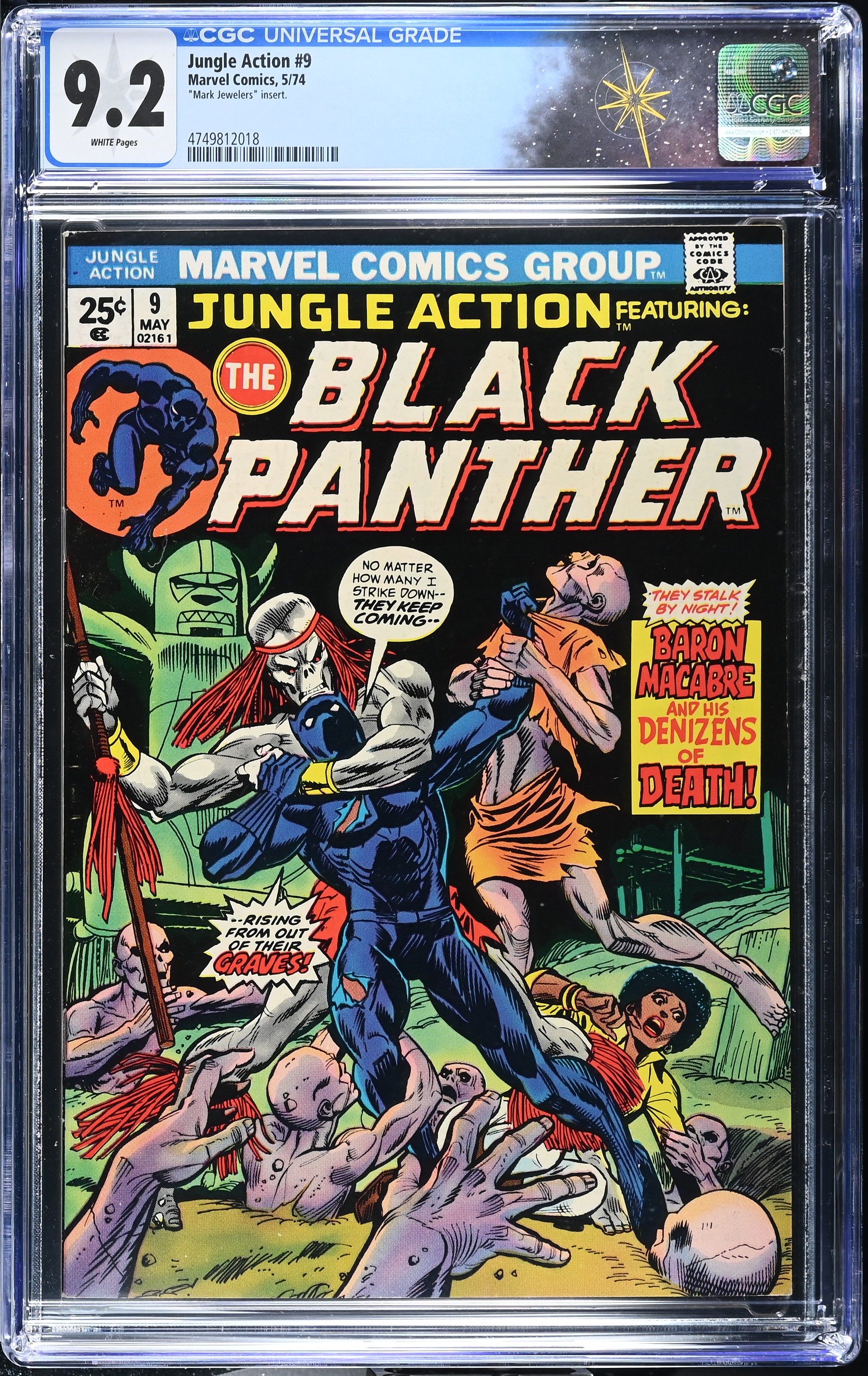Jungle Action #9 CGC 9.2 "Mark Jewelers" Insert & 1st Appearance of Baron Macabre (Marvel Comics, 1974) White Pages