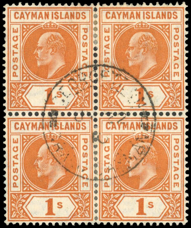 Cayman Islands 1905 1s orange block of four, used, SG 12
