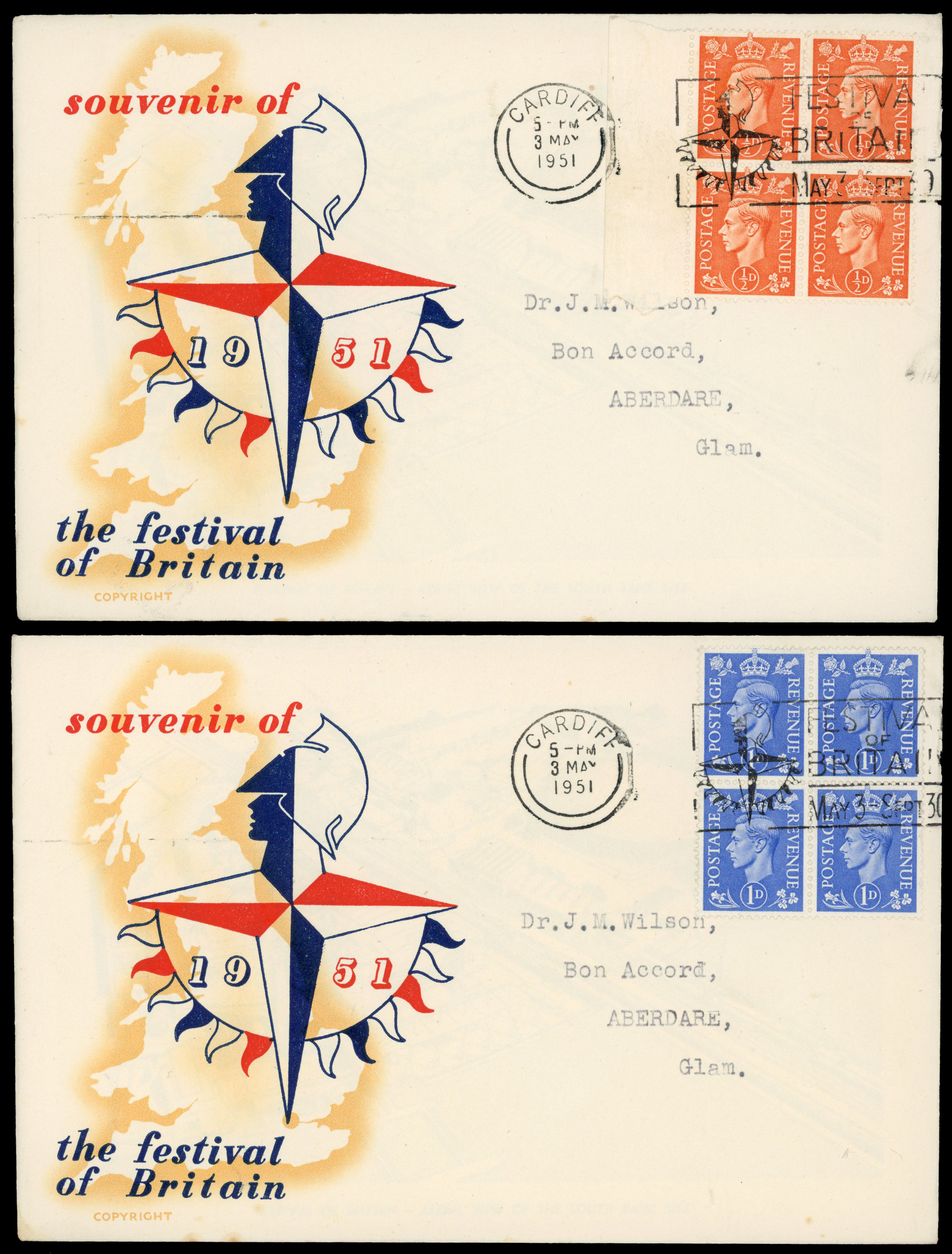 1951 (3 May) New Colours ½d to 2½d set of five in block of four used on individual illustrated first day covers