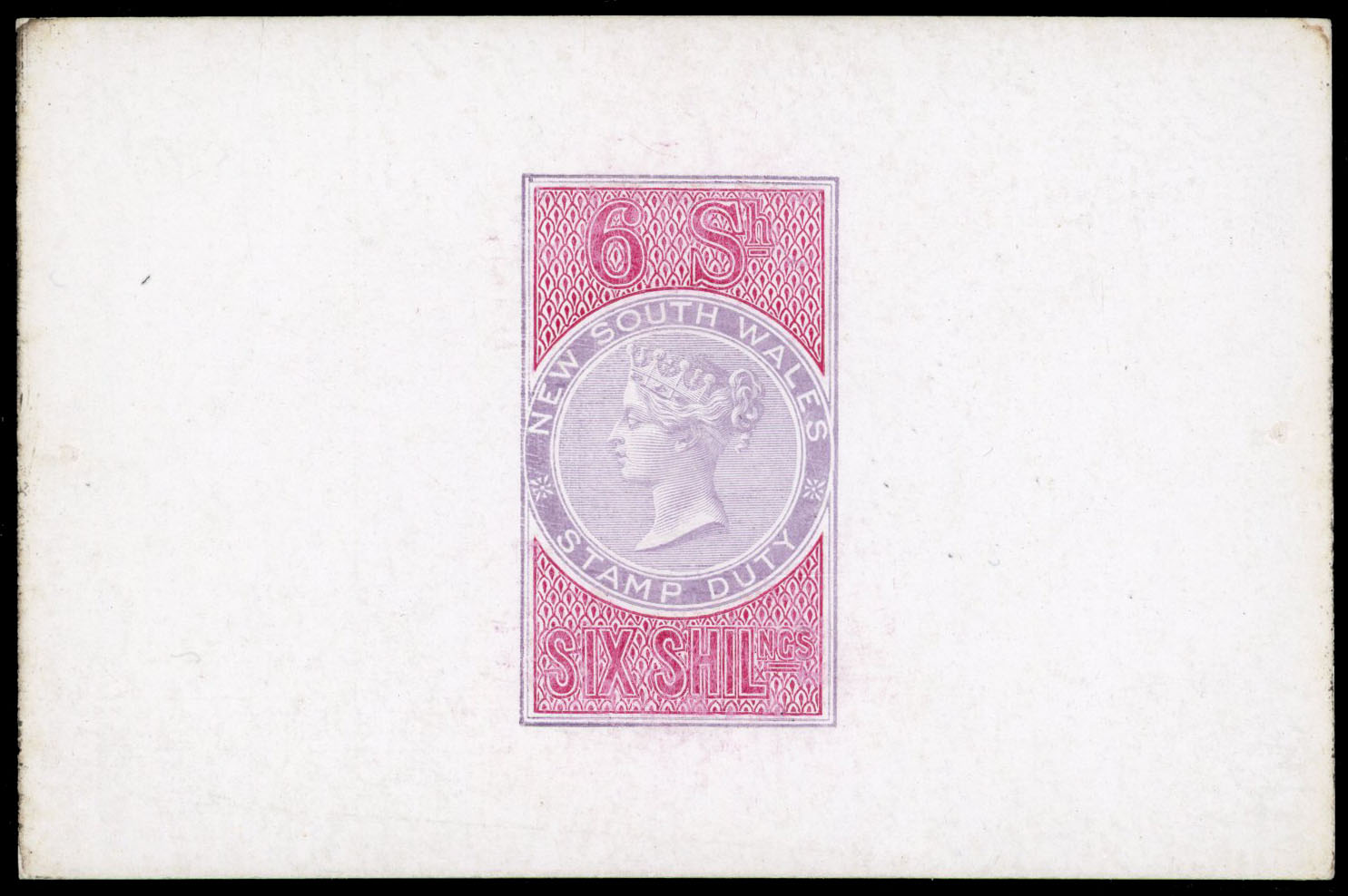 1893/94 stamp duty De La Rue 6s. proof in lilac and carmine on white glazed card, fine and rare.