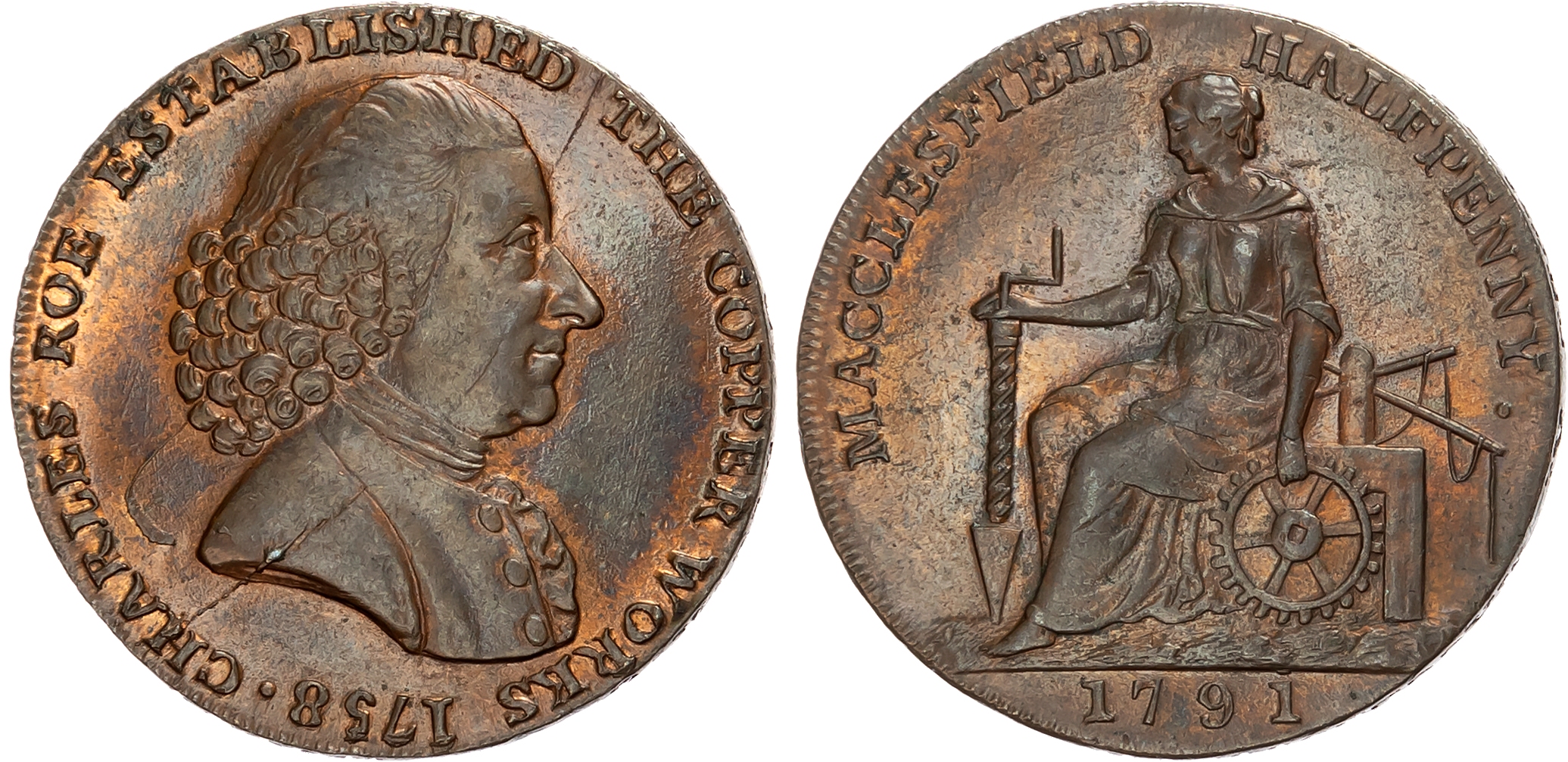 Ches. Macclesfield , Roe & Co. Halfpenny 1791. Draped bust of Charles Roe right, rev. industry seated left holding auge …