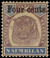1898 4c on 8c dull purple and ultramarine, doubly surcharge in green and red, discoloured o.g. and hinge remainder. ...