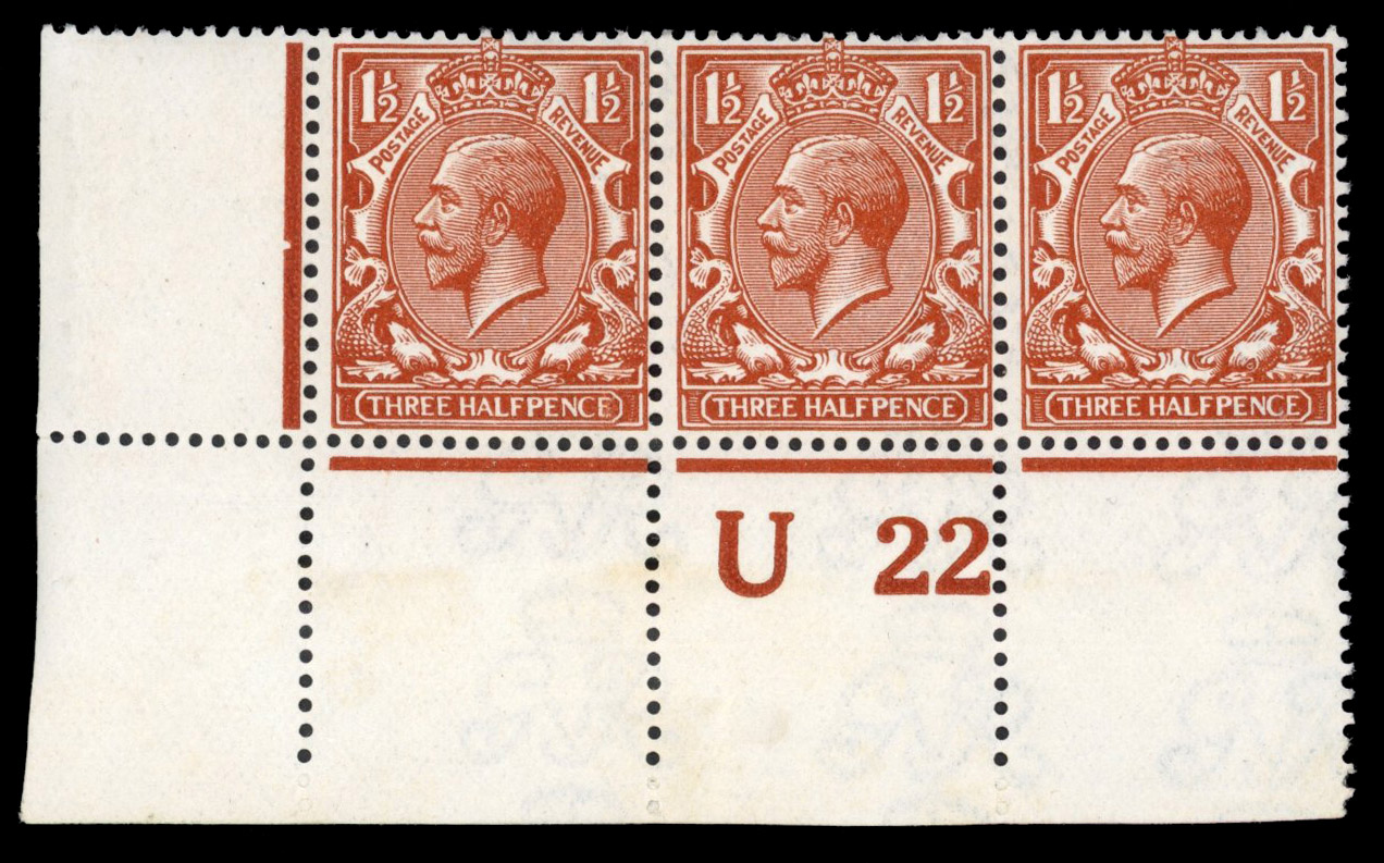 GB: 1912–24 1½d bright chestnut, mint unmounted o.g. control U22 strip of three. Fine with lovely colour.
