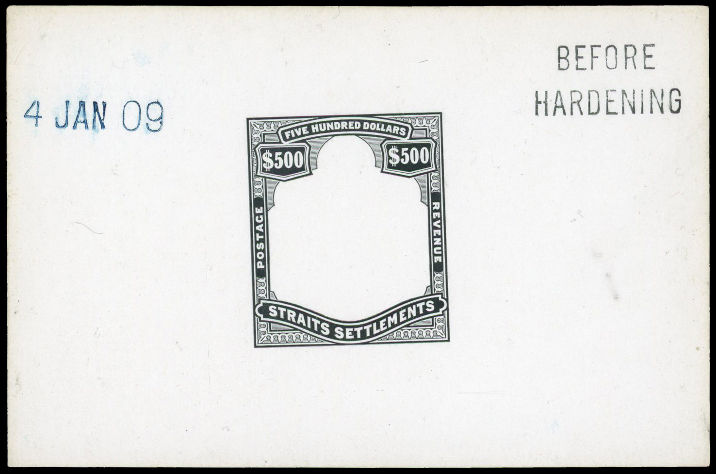 Straits Settlements 1909 KEVII $500 die proof of frame