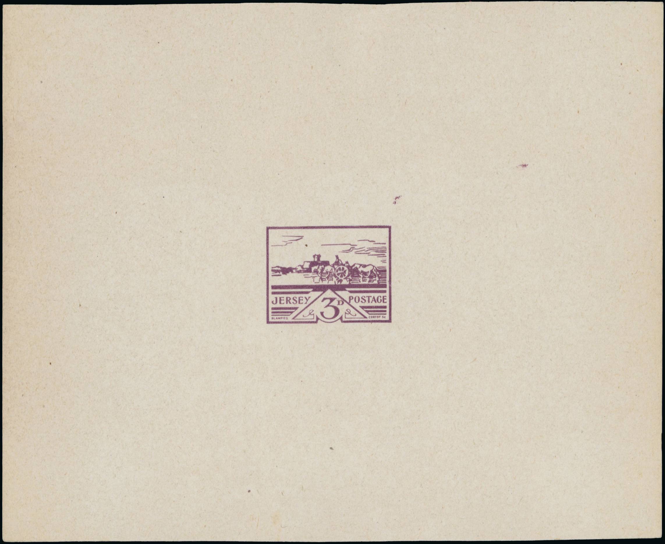 1943 3d Jersey ‘Views’ Imperforate die proof in violet on rough paper