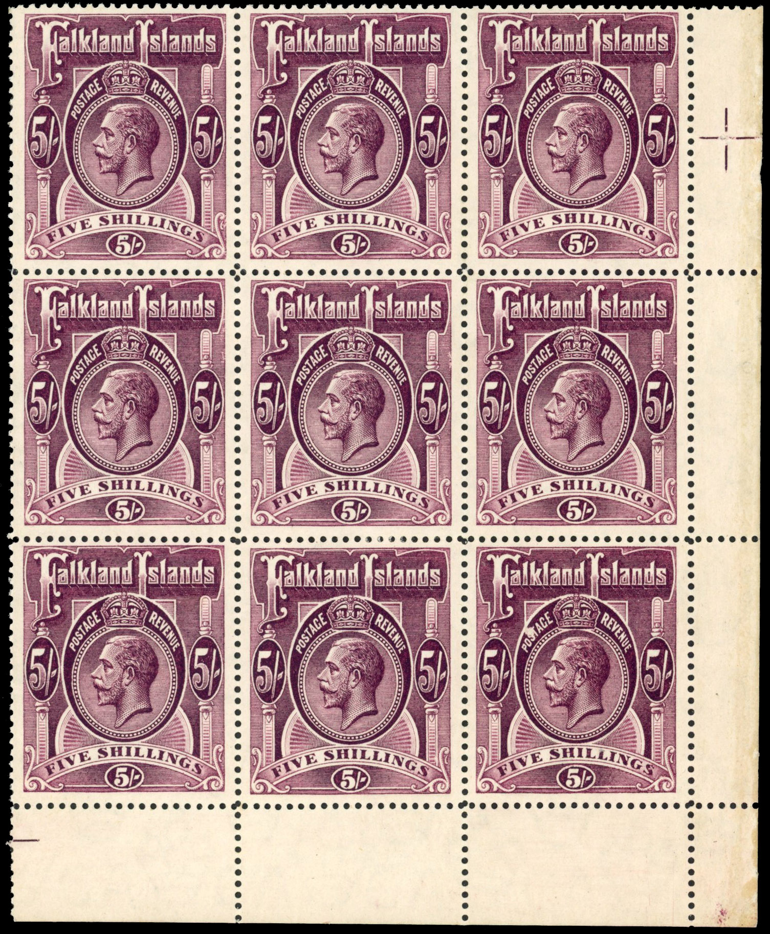 Falkland Islands SG 67b 1912 5s corner block of nine mint