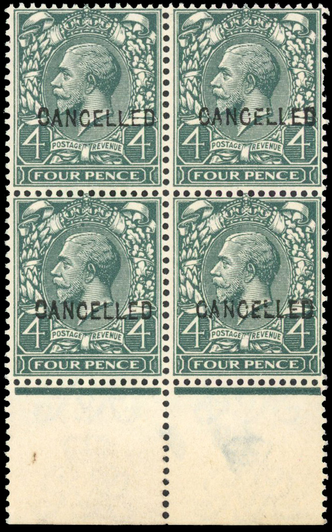 SG 379 optd Cancelled in block of four 