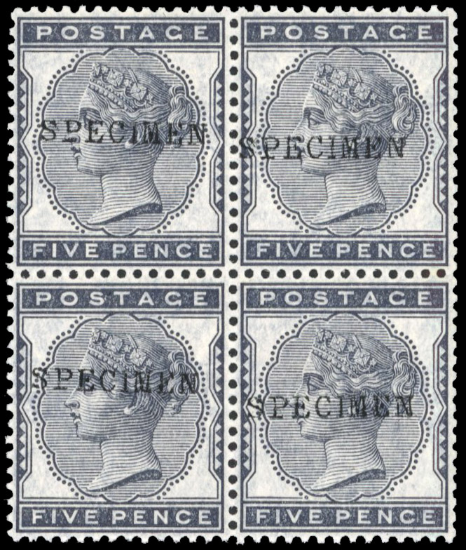 1881 5d indigo overprinted “SPECIMEN” type 9, in a superb unmounted o.g. block of 4 SG 169var