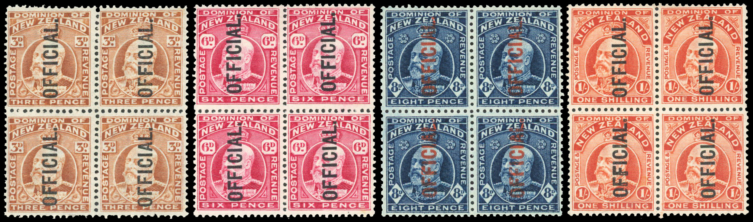 New Zealand 1910-16 set in blocks of 4