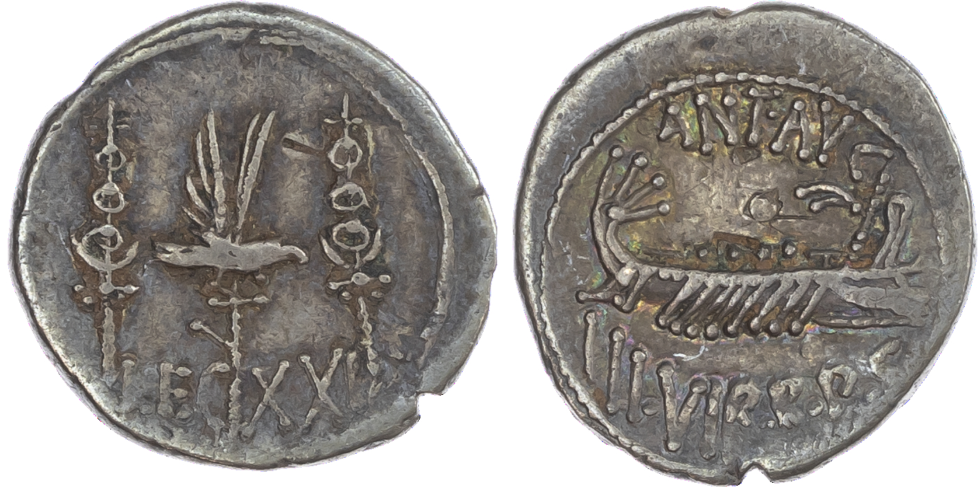Mark Antony (Autumn 32 - Spring 31 BC) AR Denarius, Patrae (?), Legionary Issue, 3.08g. ANT•AVG – III•VIR•R•P•C, praetorian