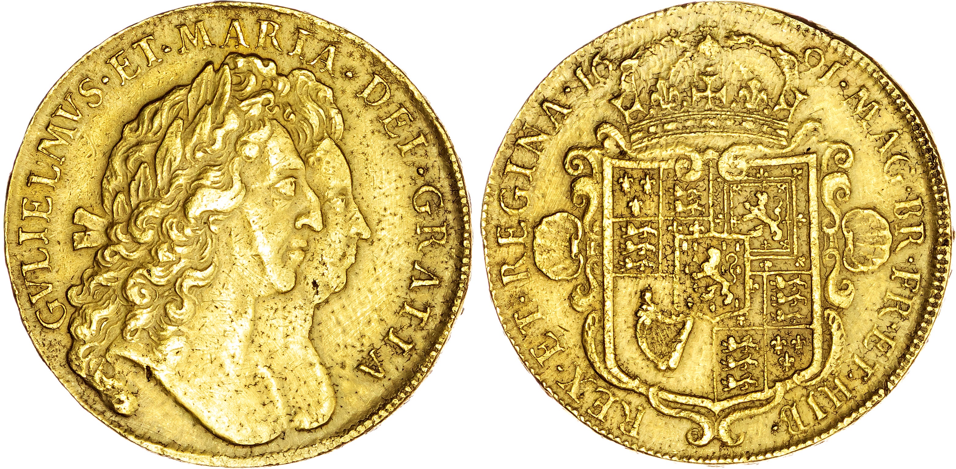 William and Mary (1689-1694), AV Five Guineas, 1691 TERTIO. 