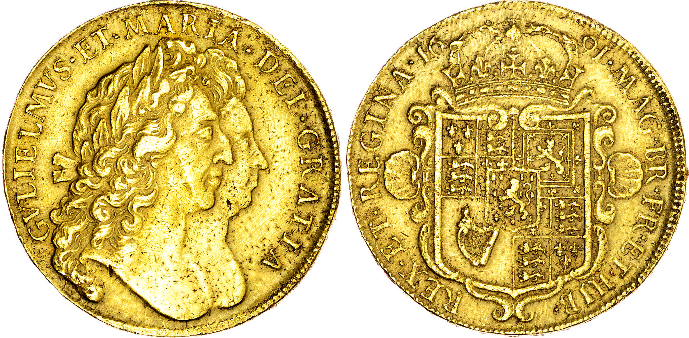 William and Mary (1689-1694), AV Five Guineas, 1691 TERTIO.