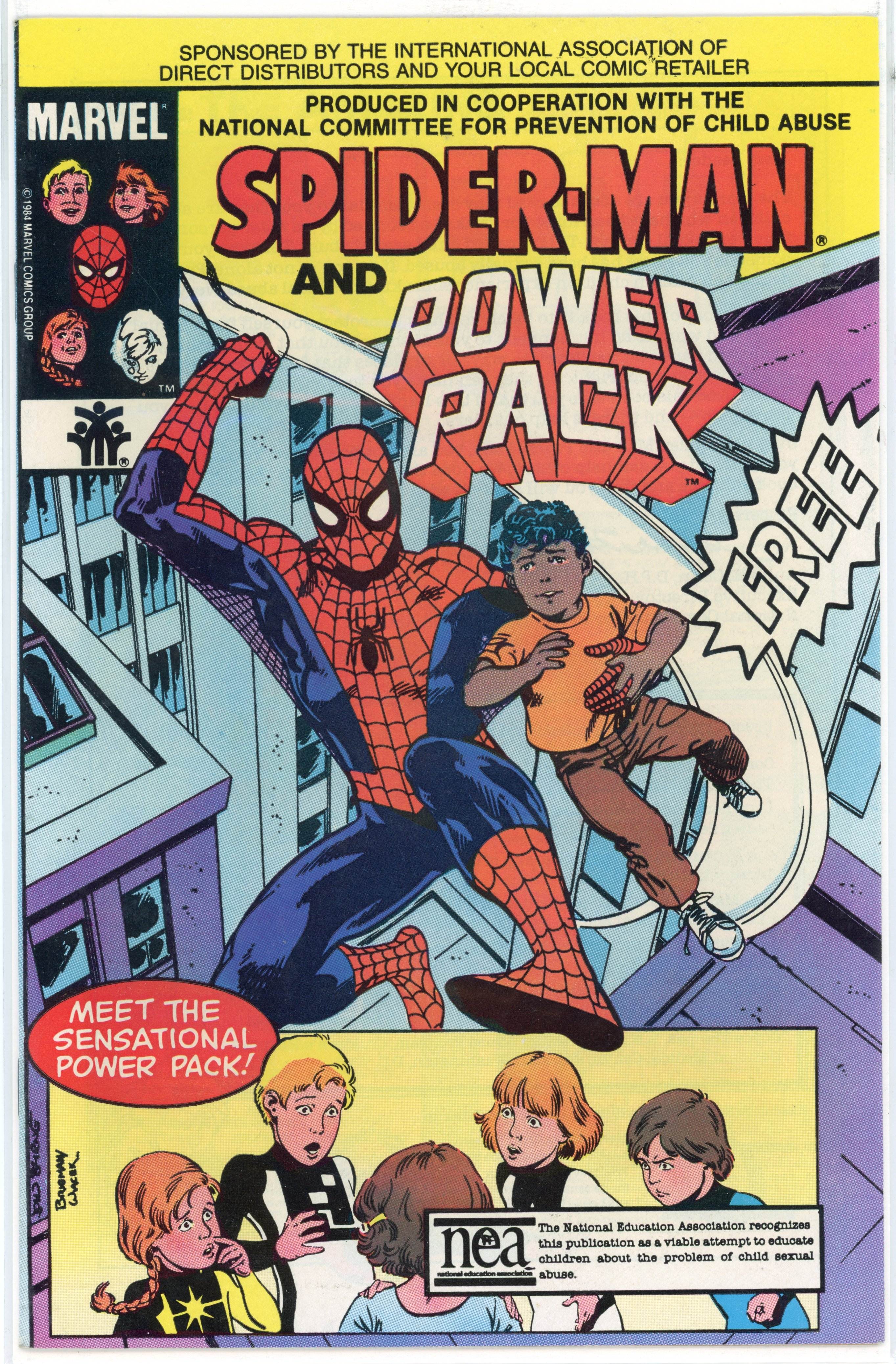 Spider-Man and Power Pack (Marvel Comics, 1984) Child Abuse Prevention promotional.
