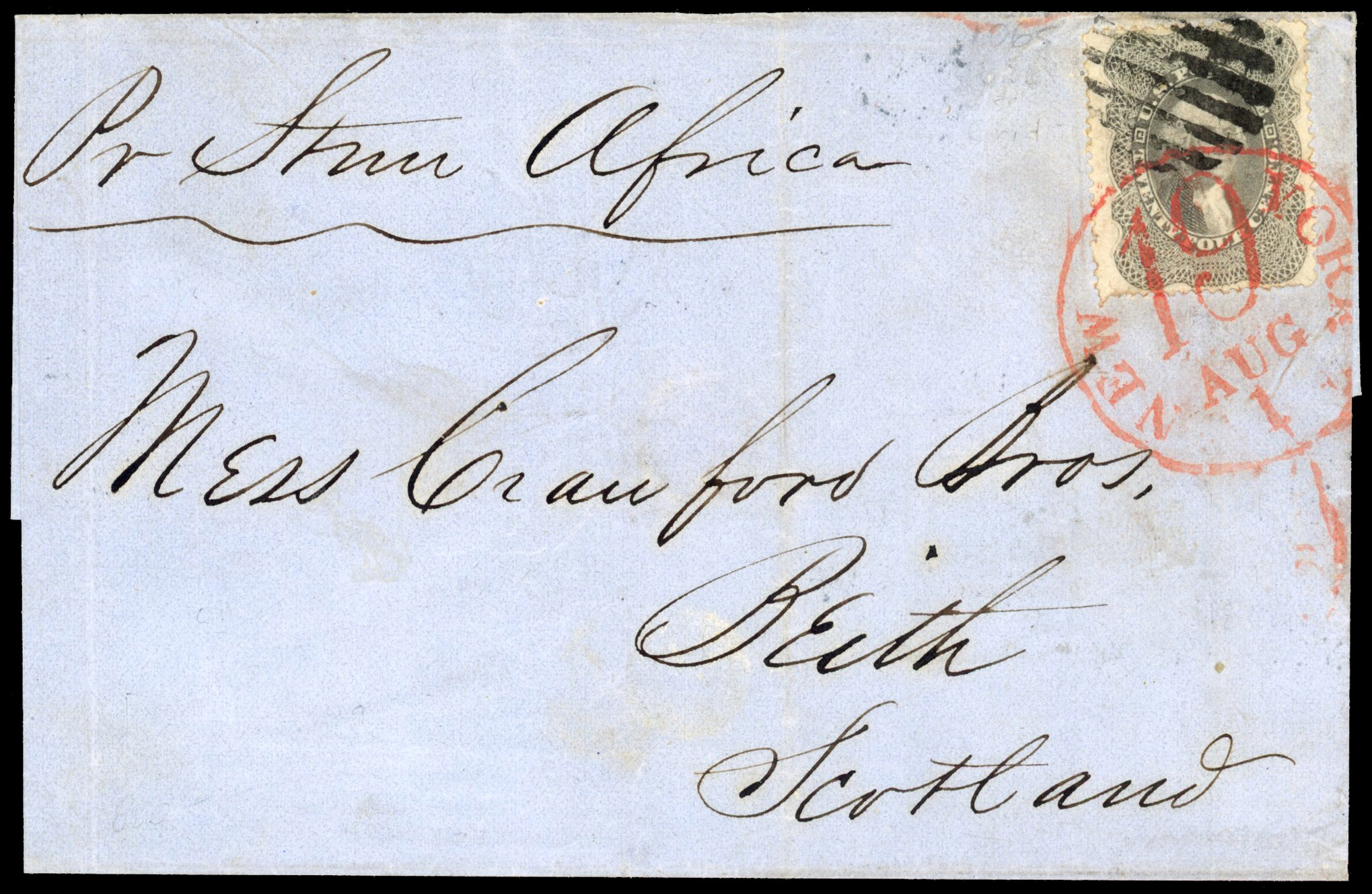 USA 1860 part entire to Beith, Scotland, franked by 1857-61 24c grey