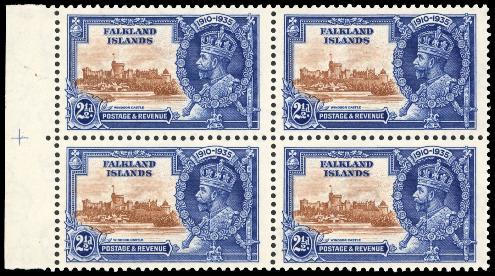 Falkland Islands SG 140e Jubilee 2½d double flagstaff block mint