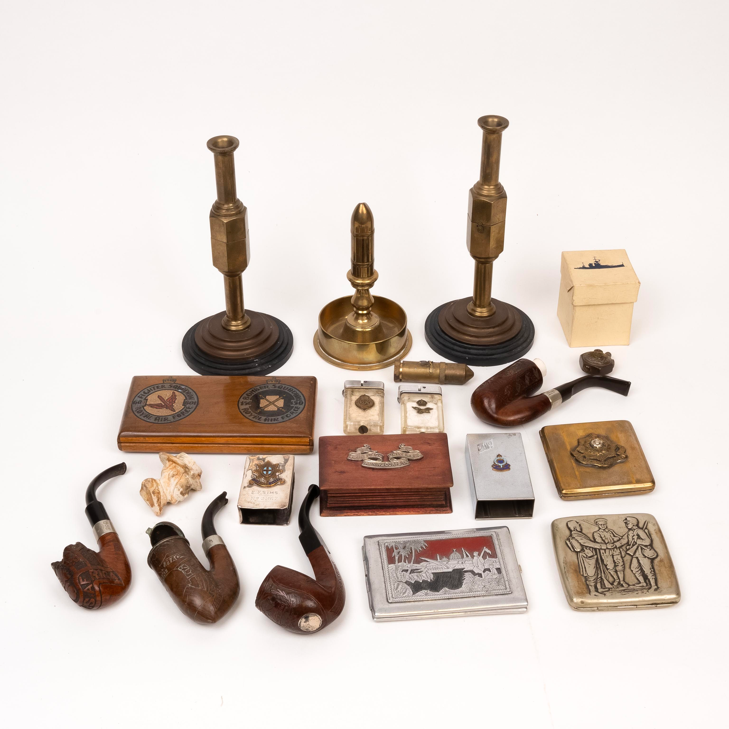 Smoking ephemera, trench art lighters, cigarette case, pipes, etc. 