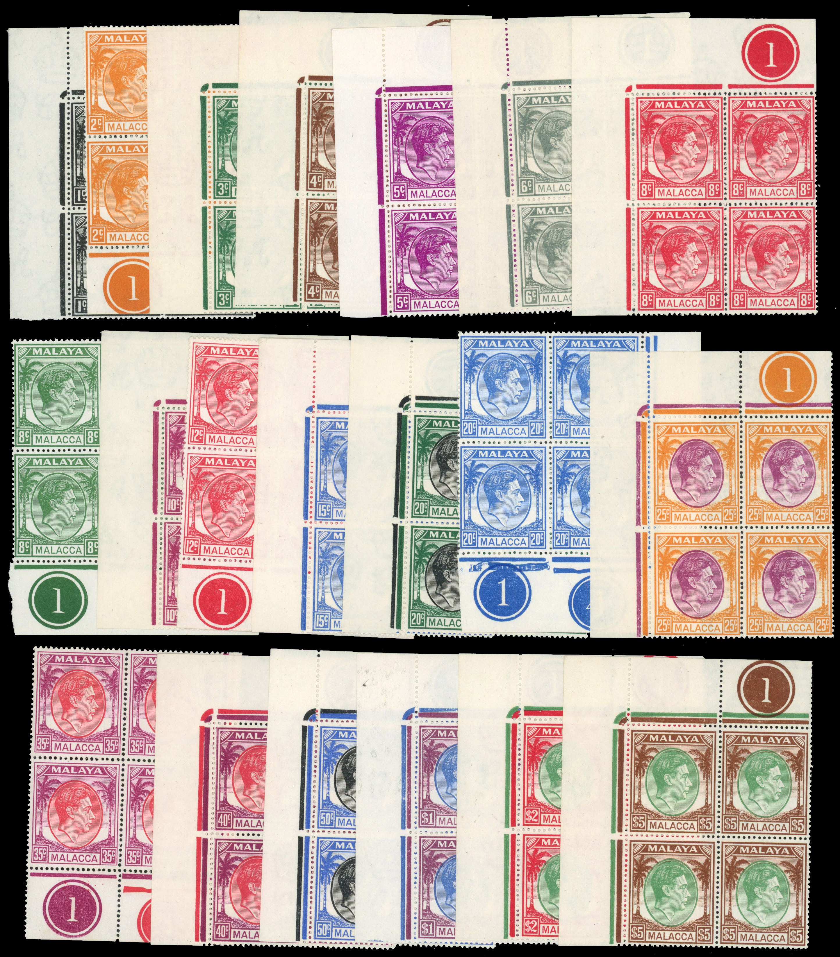 Malaya Malacca SG 3-17 Plate blocks mint