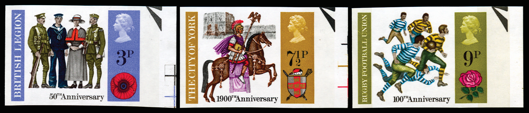 GB 1971 3p-9p "British Anniversaries". Superb unmounted o.g right hand marginal set of three imperforat… SG887/9var