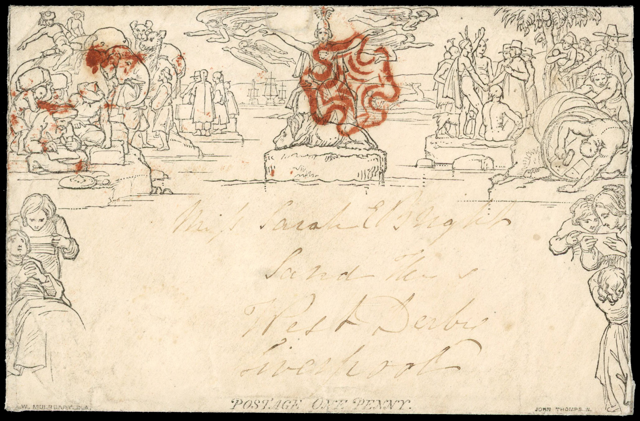 1840 1d Mulready Envelope Stereo A167, Forme 3. May 22nd 'May date' Deep red-brown MC