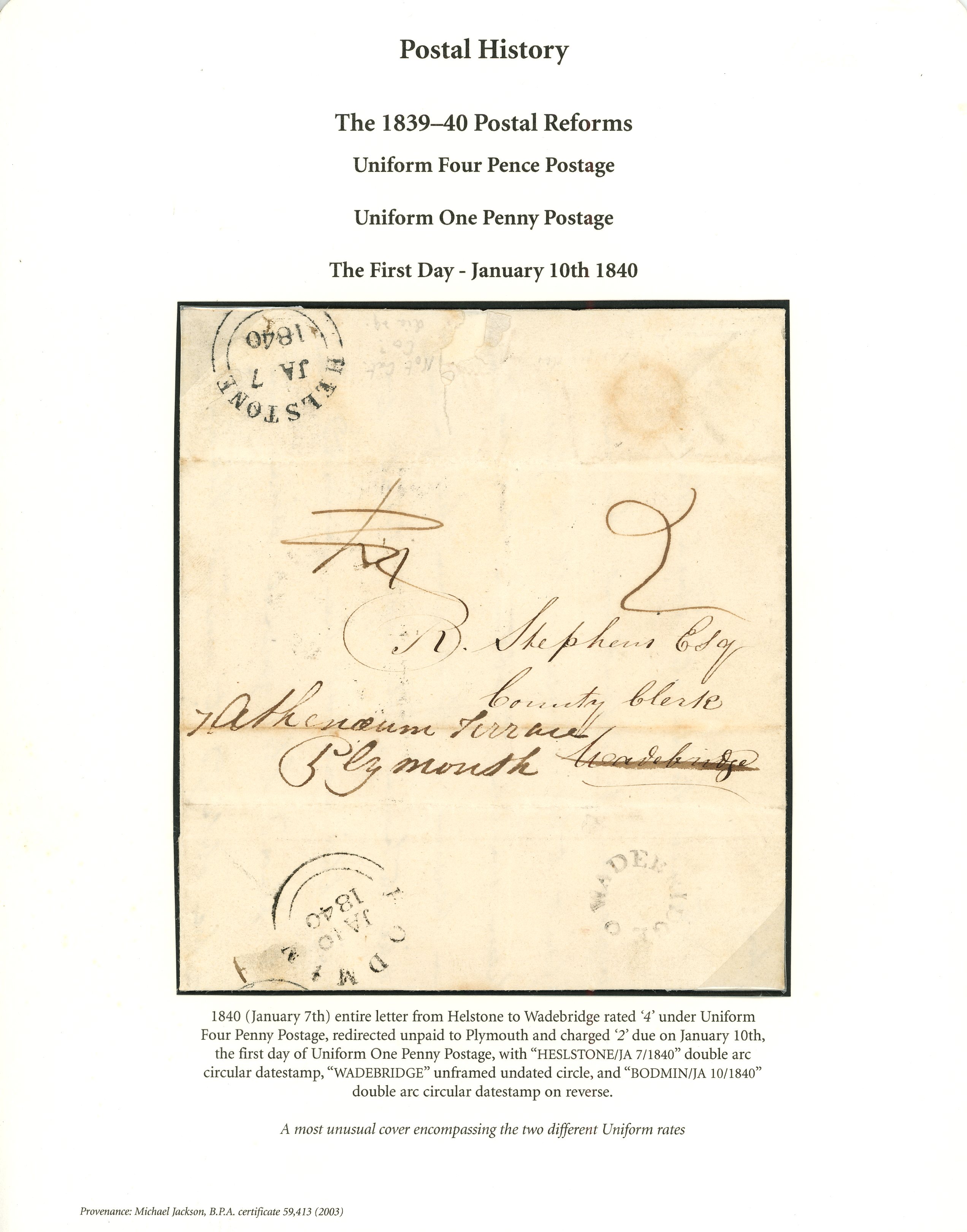 1840 (January 7th) entire from Helstone to Wadebridge rated '4' under Uniform Penny...