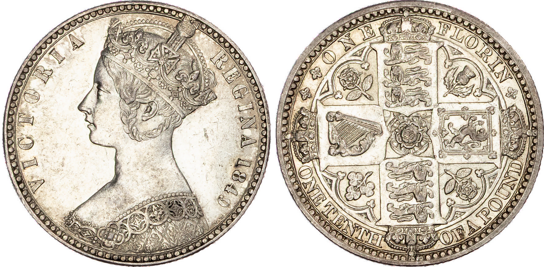 Victoria (1837-1901), AR ‘Godless’ Florin, 1849.